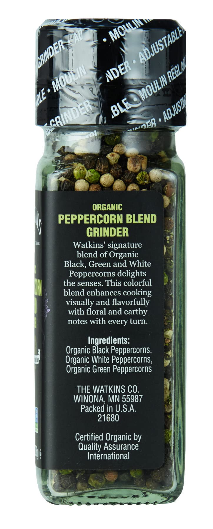 Organic Peppercorn Blend Grinder - Watkins Premium 3-Pack (2.4oz Each) - Fresh Ground Pepper for Cooking, Steak Seasoning & Gourmet Dishes