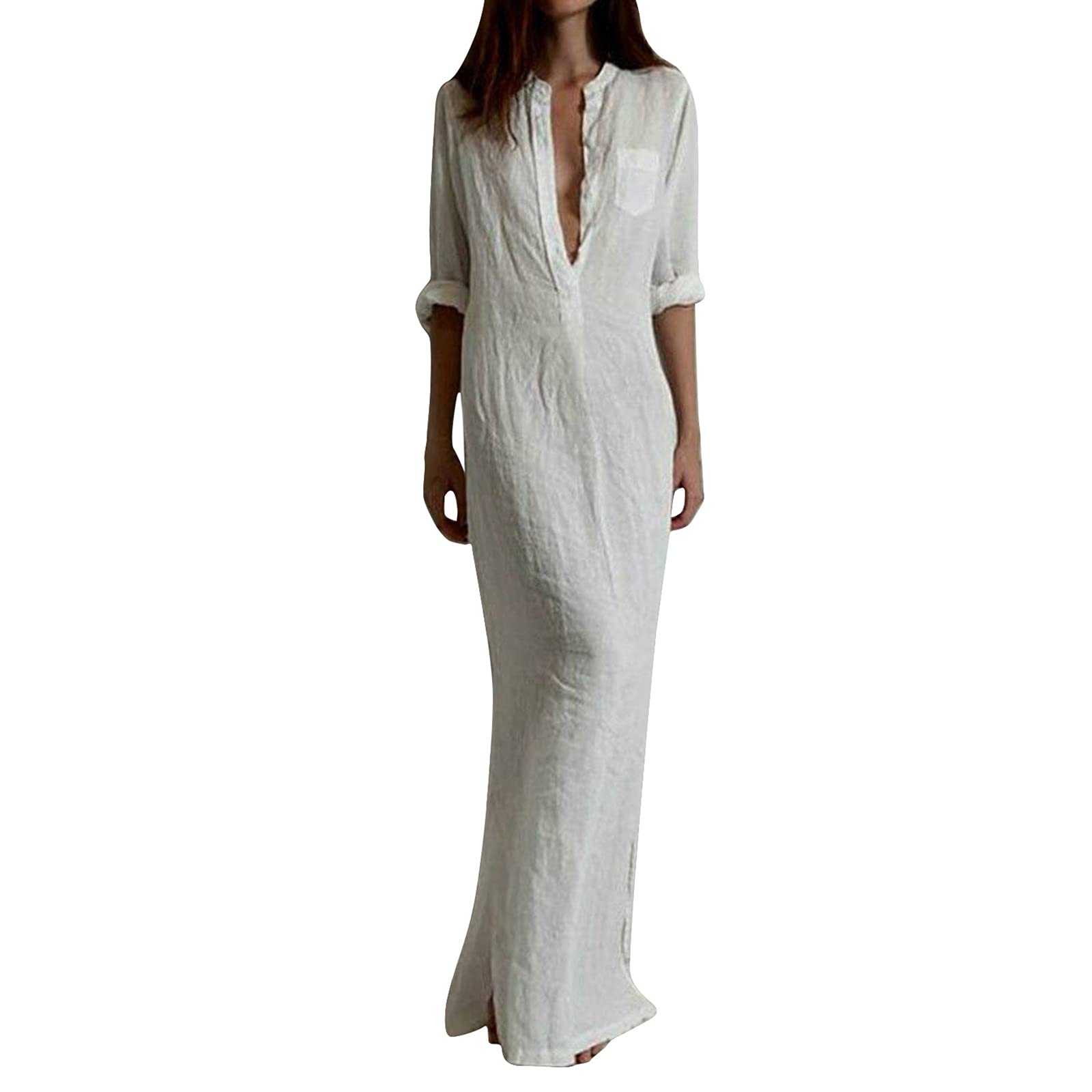 SEAOPEN Women's Long Sleeve V-Neck Maxi Dress - Solid Color Floor Length Casual & Party Dress with Side Slit | Perfect for Weddings, Evening Events, and Date Nights