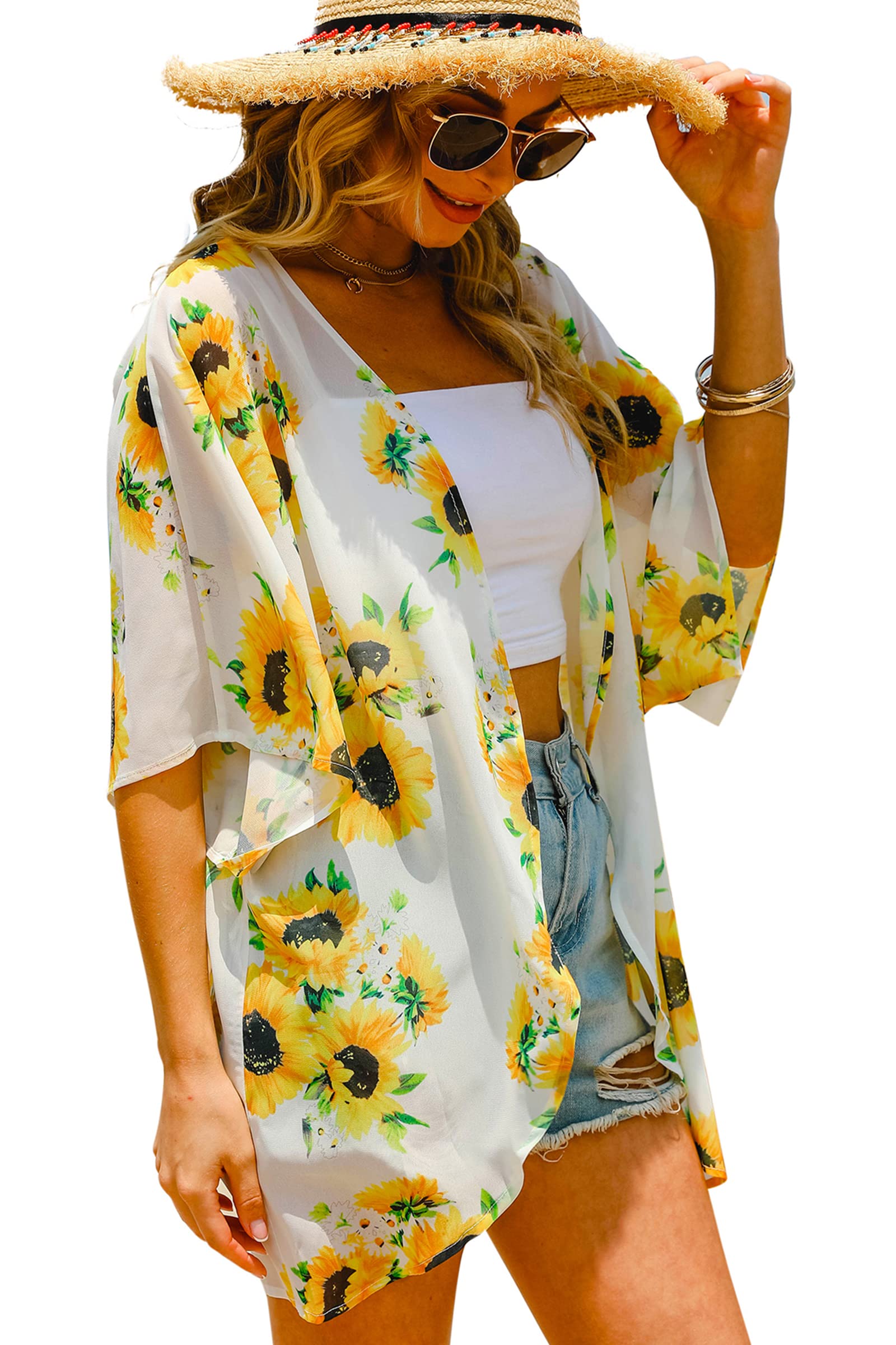Women's Floral Kimono Cardigan - Lightweight Chiffon Cover Up for Casual Wear & Beach Outfits | Perfect for Summer, Vacations & Boho Style