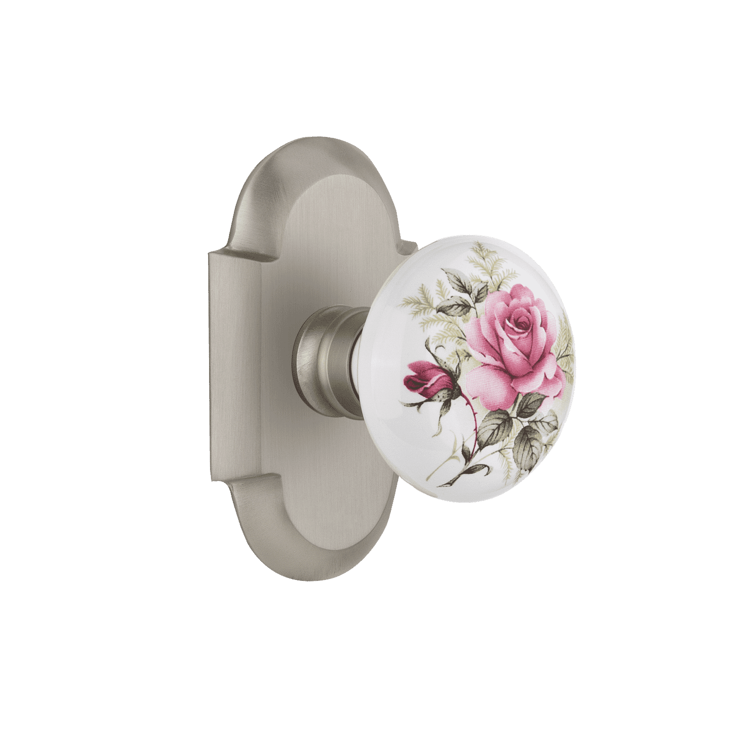 Vintage Cottage Short Plate with White Rose Porcelain Knob in Satin Nickel Finish - Perfect for Farmhouse Kitchen Cabinets, Bathroom Drawers & Vintage Style Home Decor