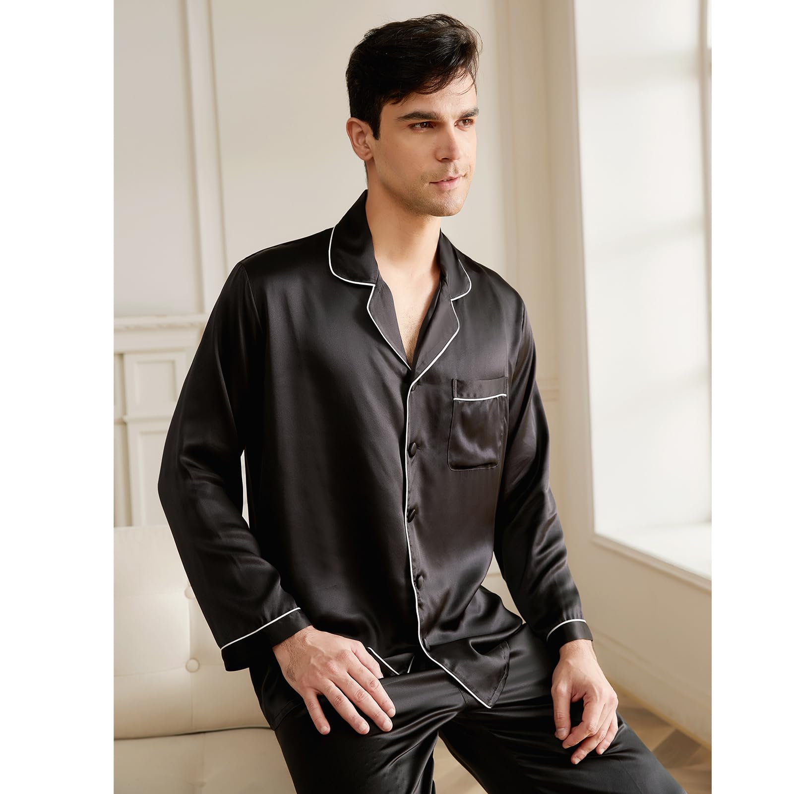 Luxury 19 Momme Mulberry Silk Pajama Set for Men - 2 Piece Long Sleeve Silk Pajamas, Lightweight & Breathable for Sleep, Lounge & Travel