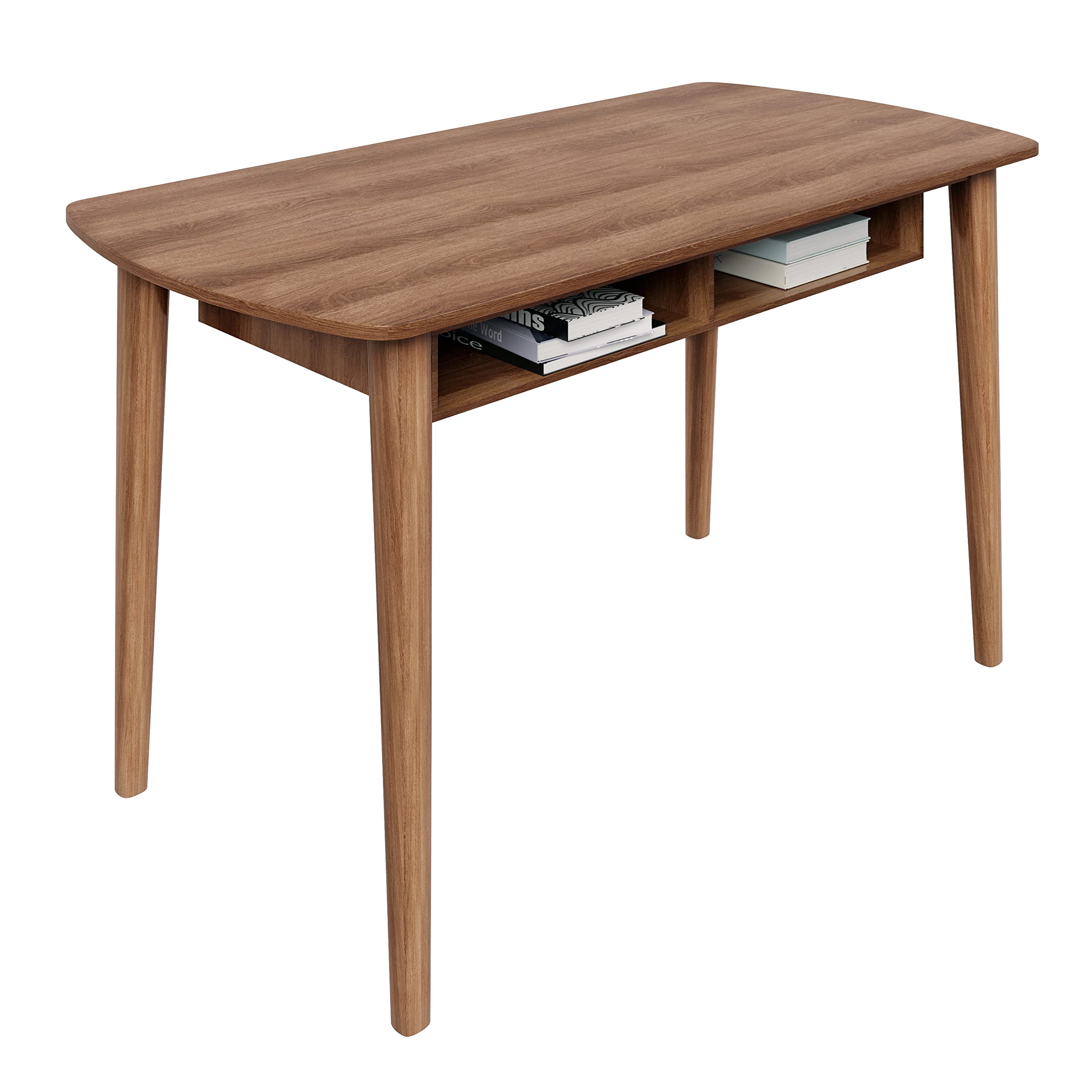 Modern Mid Century Computer Desk with Recessed Drawers - Walnut Writing Desk for Small Spaces | Home Office & Study Room Furniture for Compact Areas