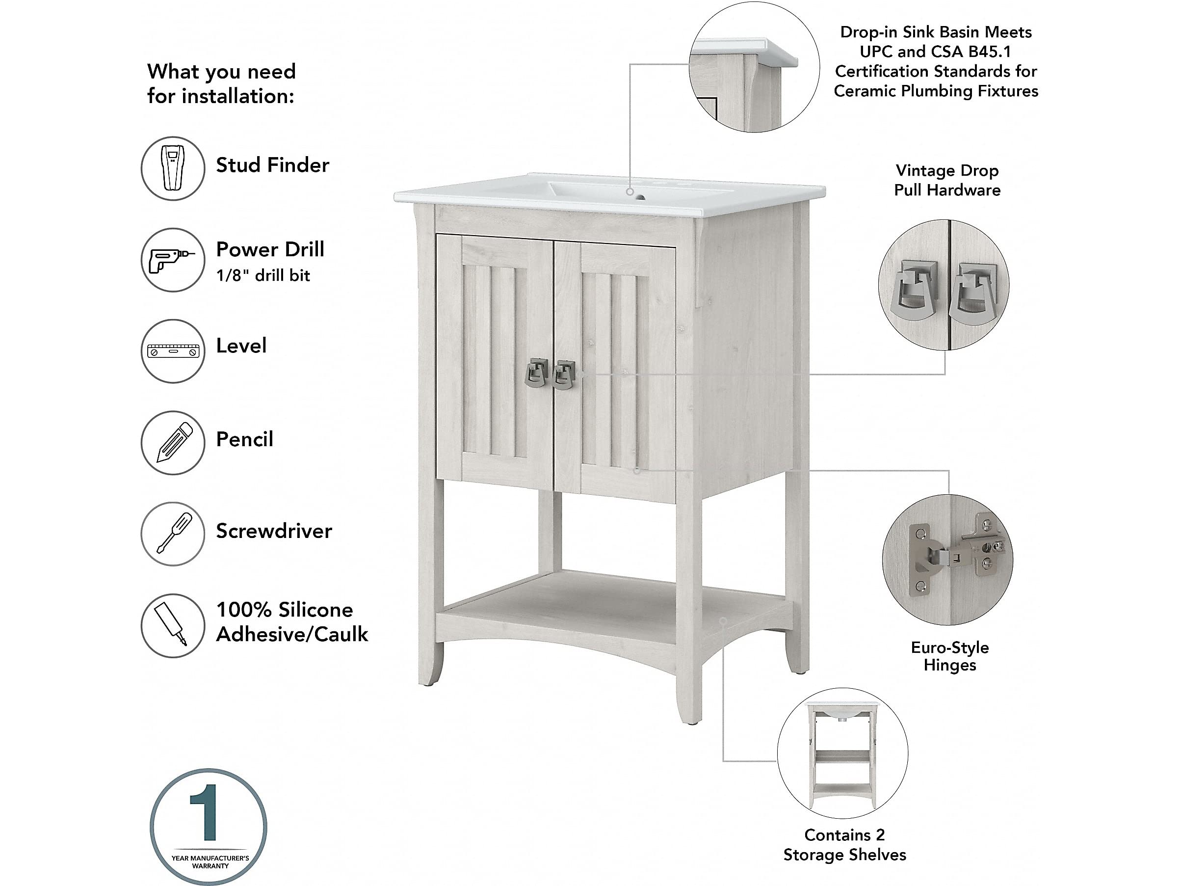 Bush Furniture Salinas 24-Inch Wide Bathroom Vanity with Sink, Medicine Cabinet & Mirror in Linen White Oak - Perfect for Small Bathrooms, Powder Rooms & Apartment Remodels