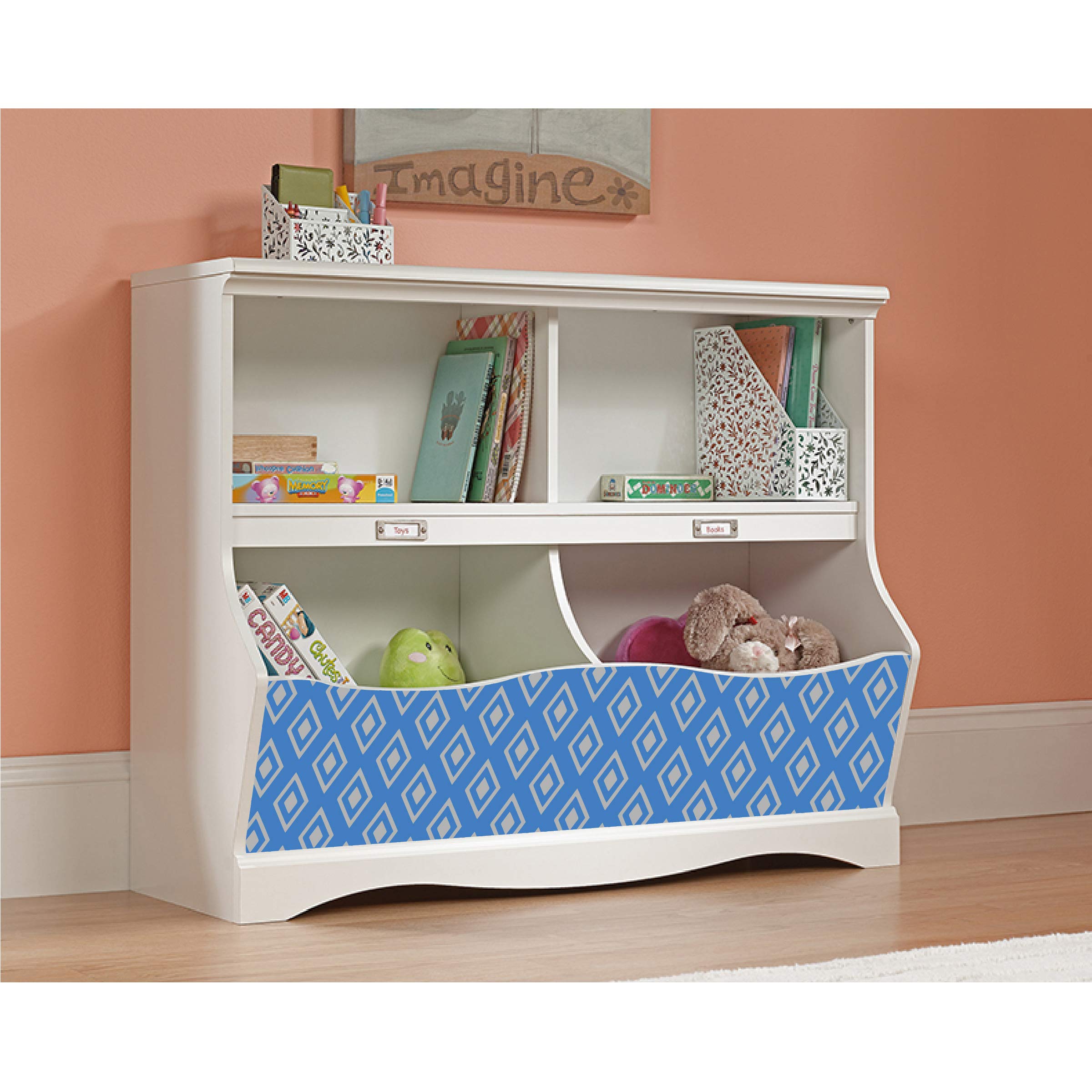 LifeSong Milestones Bookcase Footboard with Cubbyhole - Kids Book Storage Organizer & Toy Shelf for Nursery, Playroom, Bedroom - Soft White Finish Diamond (Blue-Grey) - Perfect for Organizing Books, Toys & Decor in Children's Rooms