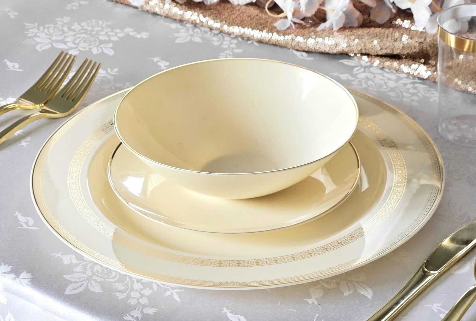 240-Pack Heavyweight Disposable Plastic Plates for Weddings & Parties - 6.25'' Elegant Ivory & Gold Lace Dessert/Bread Plates - Perfect for Birthday Celebrations, Bridal Showers, Baby Showers & Formal Events