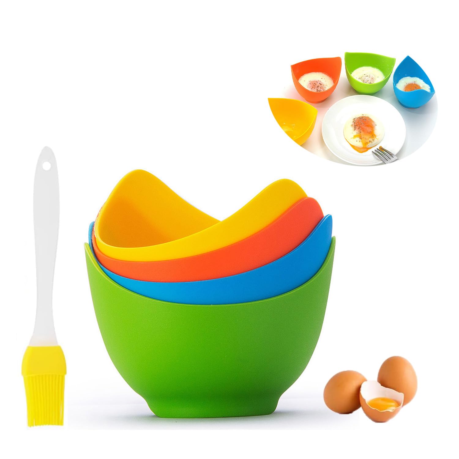 4-Pack Silicone Egg Poacher Cups with Ring Stands - BPA Free Microwave, Stovetop & Air Fryer Safe Egg Cooker - Includes Bonus Oil Brush - Perfect for Poached Eggs, Breakfast Meal Prep & Healthy Cooking