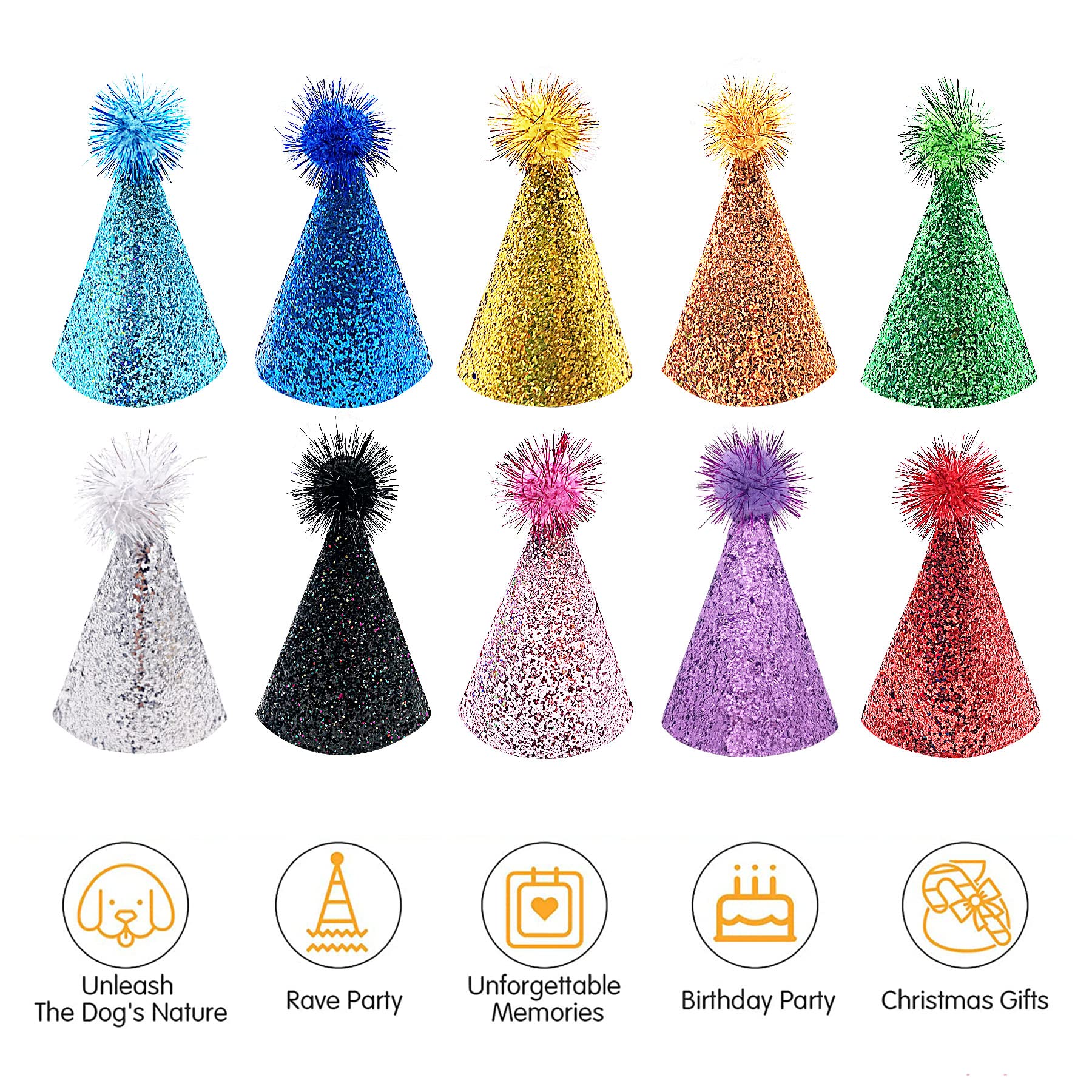 Colorful Glitter Party Hats with Pom Poms - Kids & Adults Birthday Celebration Hats for Halloween, Christmas, New Year & Holiday Parties - Perfect for Birthday Bash, Carnival & Festive Events