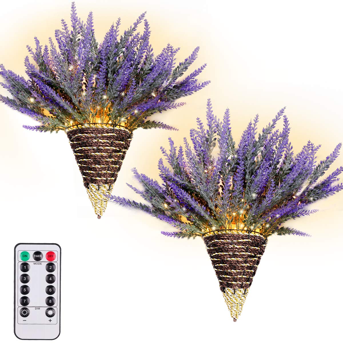 LED Lavender Wall Decor - Handmade Artificial Plant with Fairy Lights for Farmhouse, Kitchen & Bathroom Decor (2 Pack, Purple)