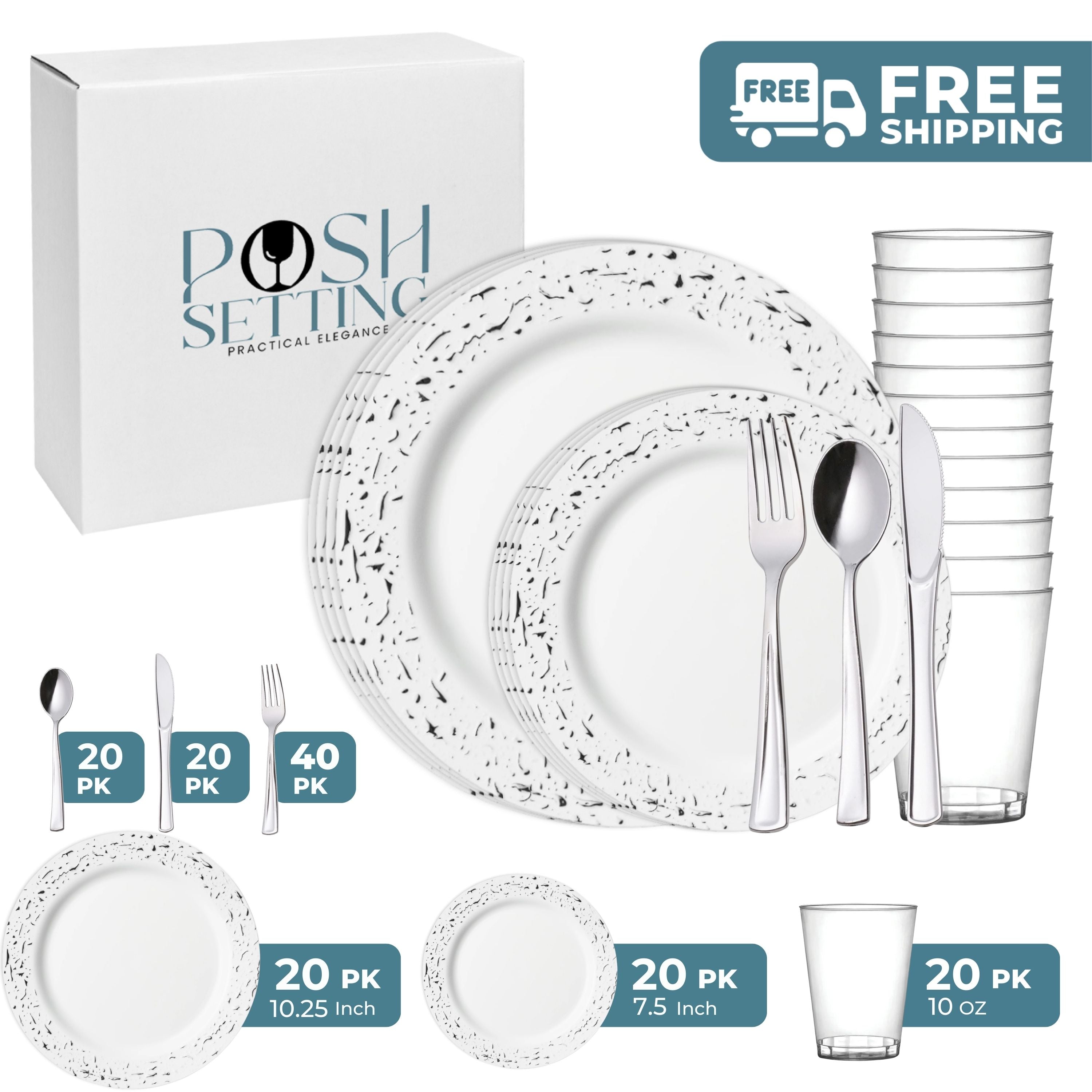 White and Silver Plastic Party Bundle - Premium Pebbled Texture for Birthday, Wedding & Holiday Decorations - Perfect for Table Settings, Gift Wrapping & Party Supplies