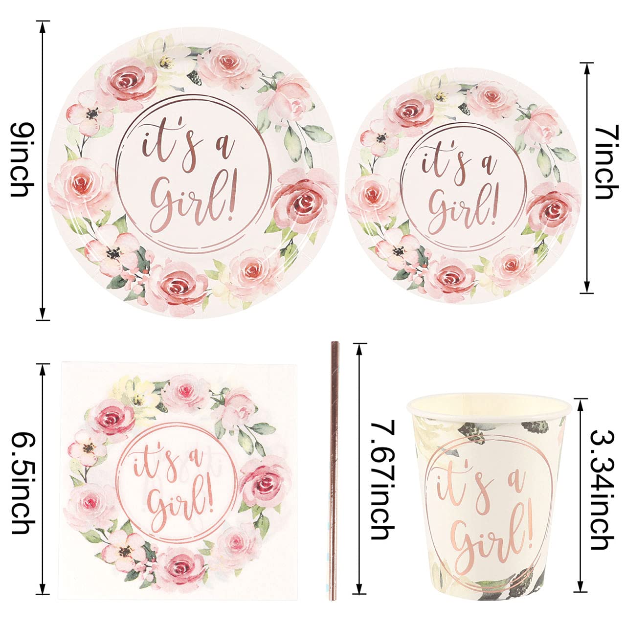 Rose Gold Foil 'It's a Girl' Party Plates Set - 24 Dinner Plates, Dessert Plates, 9oz Cups, Gold Straws & Napkins for Baby Shower & Birthday Decorations | Perfect for Gender Reveal, Bridal Showers & Celebration Parties