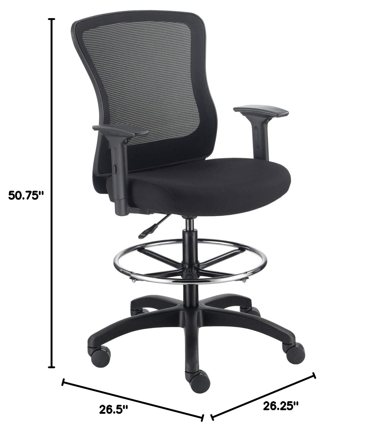 Adjustable High Back Mesh Task Stool with Arms - Ergonomic Office Chair for Home & Commercial Workspaces - Black Industrial Stool for Desk, Computer, and Workstation Use