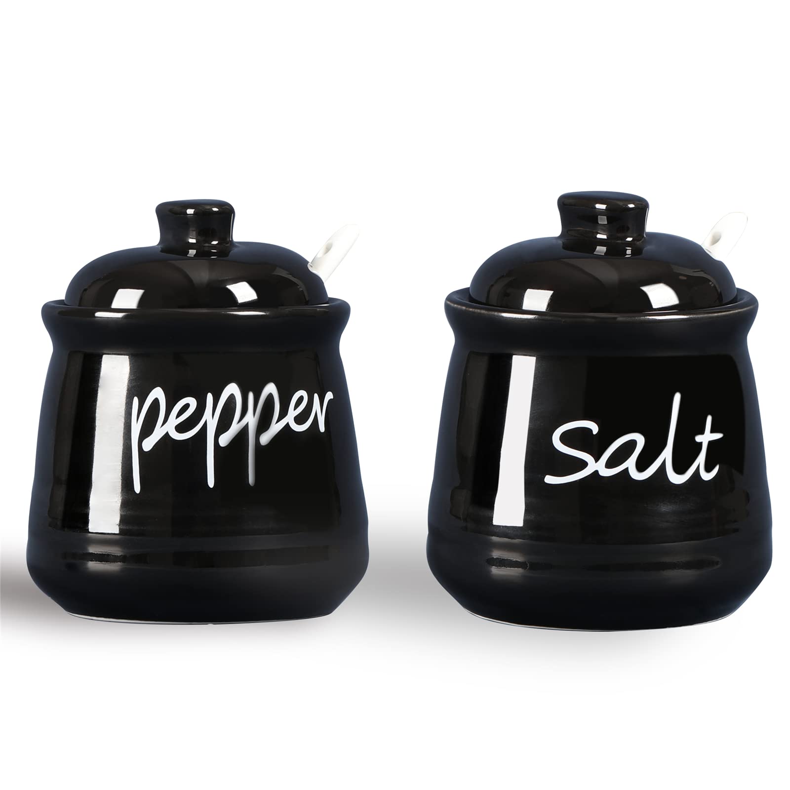 ONTUBE 12oz Ceramic Salt and Pepper Shakers with Lid & Spoon - Airtight Spice Containers for Kitchen, Dining Table, and Picnic Use (Black)