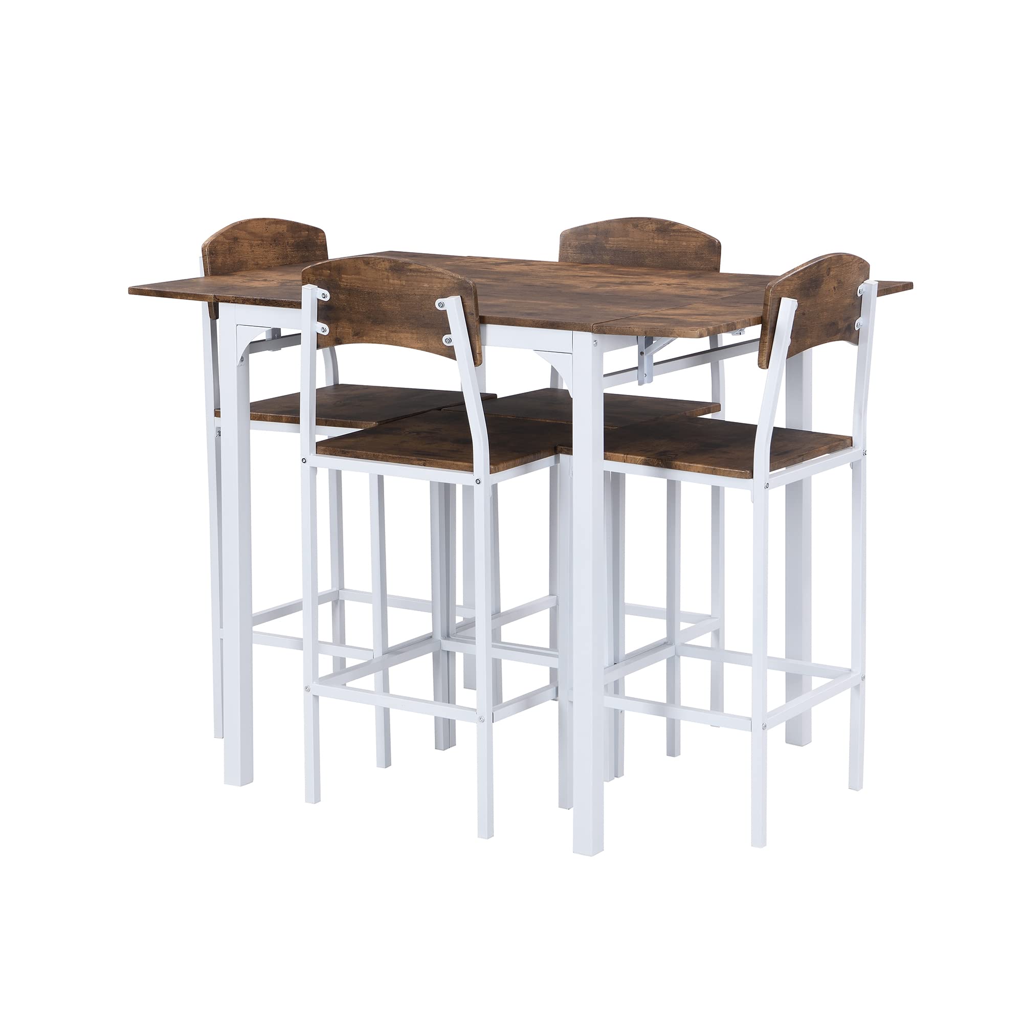 Farmhouse 5-Piece Counter Height Dining Table Set with Drop Leaf & 4 Chairs - Rustic White & Brown Kitchen Furniture for Small Spaces, Breakfast Nooks & Cozy Family Meals