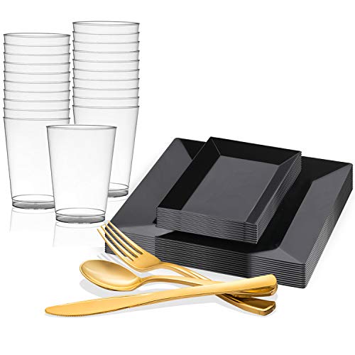 Kaya Collection - 60-Piece Black Disposable Plastic Dinnerware Set for Parties - Square Dinner Plates, Rectangle Salad/Dessert Plates, Gold Cutlery & Tumblers - Elegant Tableware for Birthday, Wedding, BBQ & Holiday Gatherings