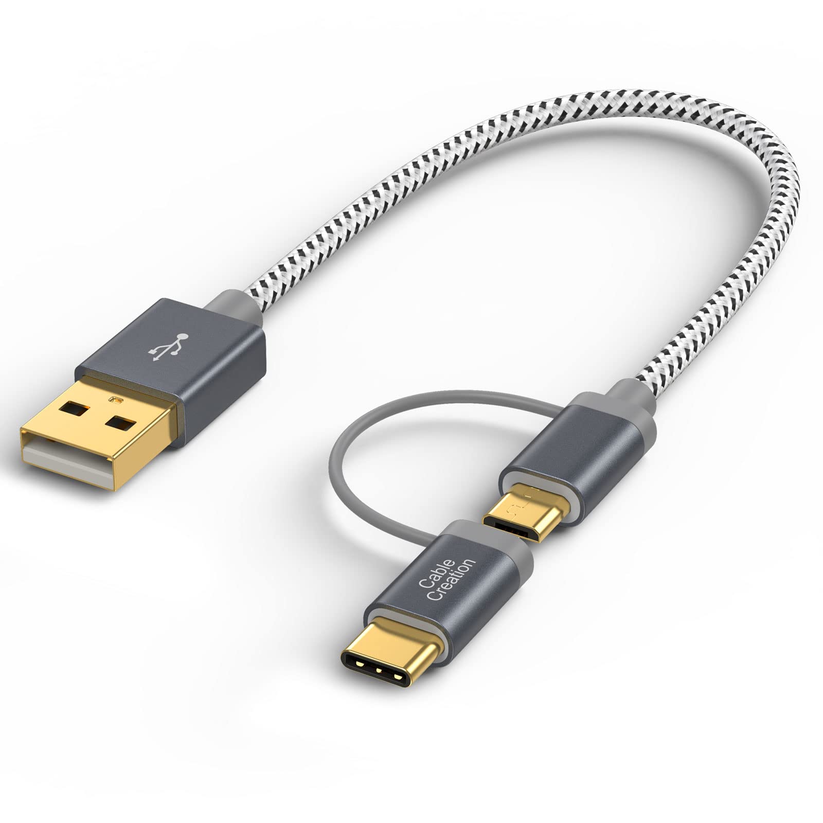 CableCreation 2-in-1 USB C Cable 0.8ft (0.25m) - Braided Micro USB & USB C to USB A Fast Charging Cord - Compatible with Samsung Galaxy S22 Ultra, Note 8, Google Pixel XL & Android Devices - Space Gray - Perfect for Home, Office & Travel Charging