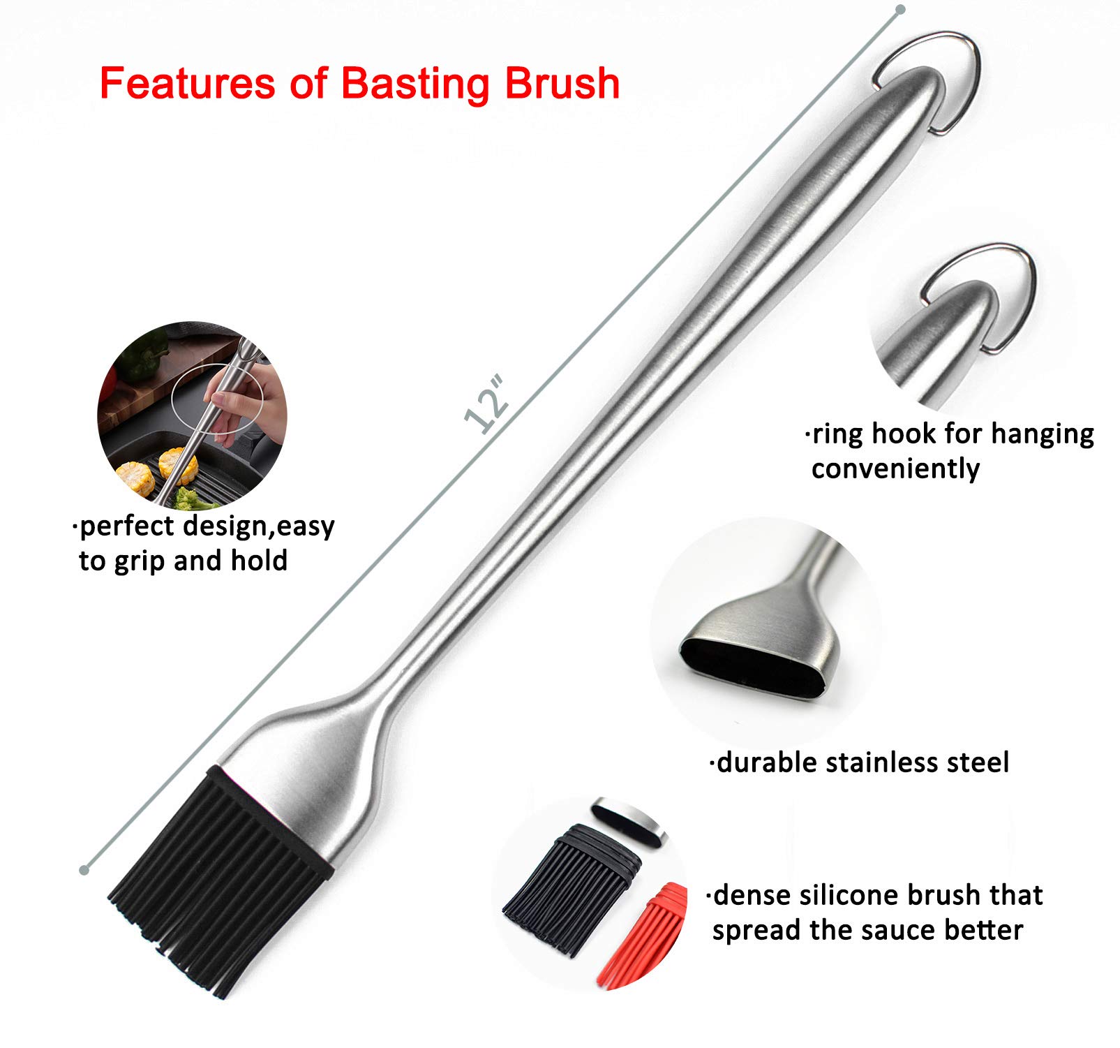 Stainless Steel Basting Brush for BBQ, Baking & Cooking - 12 Inch with Silicone Head (Red) - Perfect for Sauces & Grilling