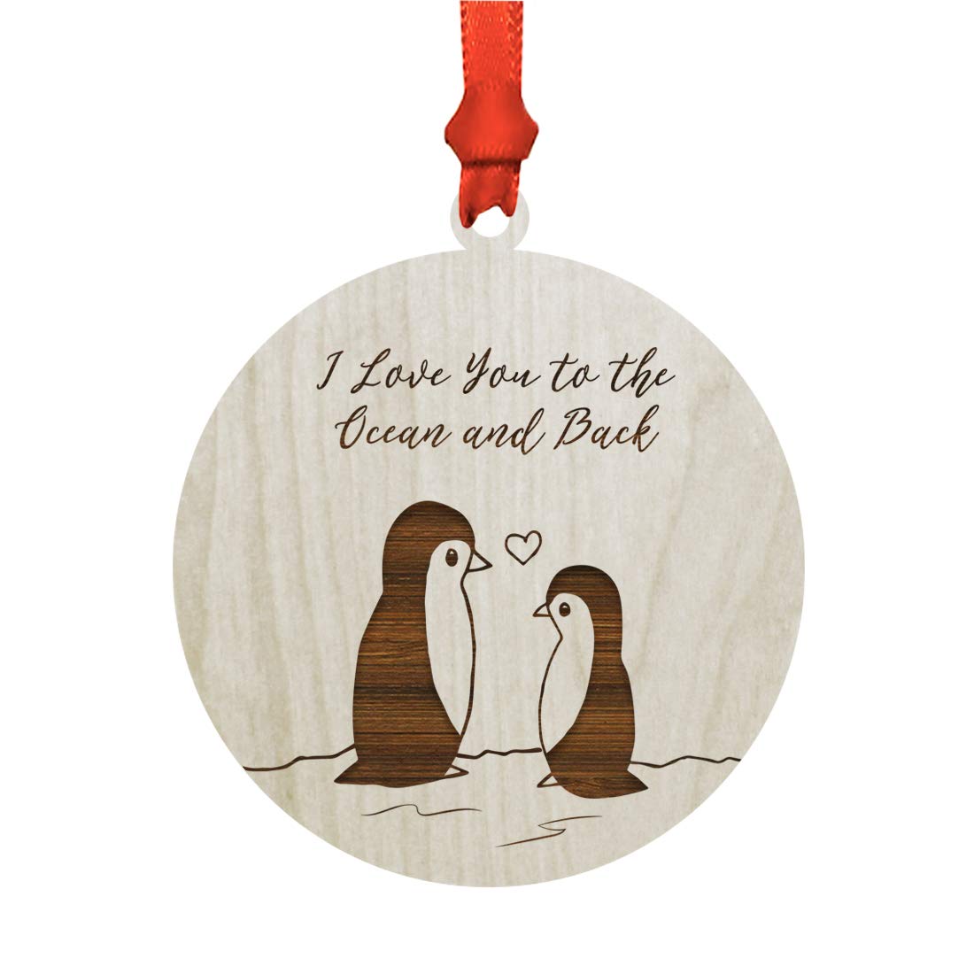 Personalized Engraved Natural Wood Keepsake Ornament - Monogram Christmas Valentine's Day Gift for Couples, 'I Love You to The Ocean and Back' Penguins Design, 1-Pack - Perfect for Wedding Anniversaries, Christmas Tree Decor & Romantic Home Décor