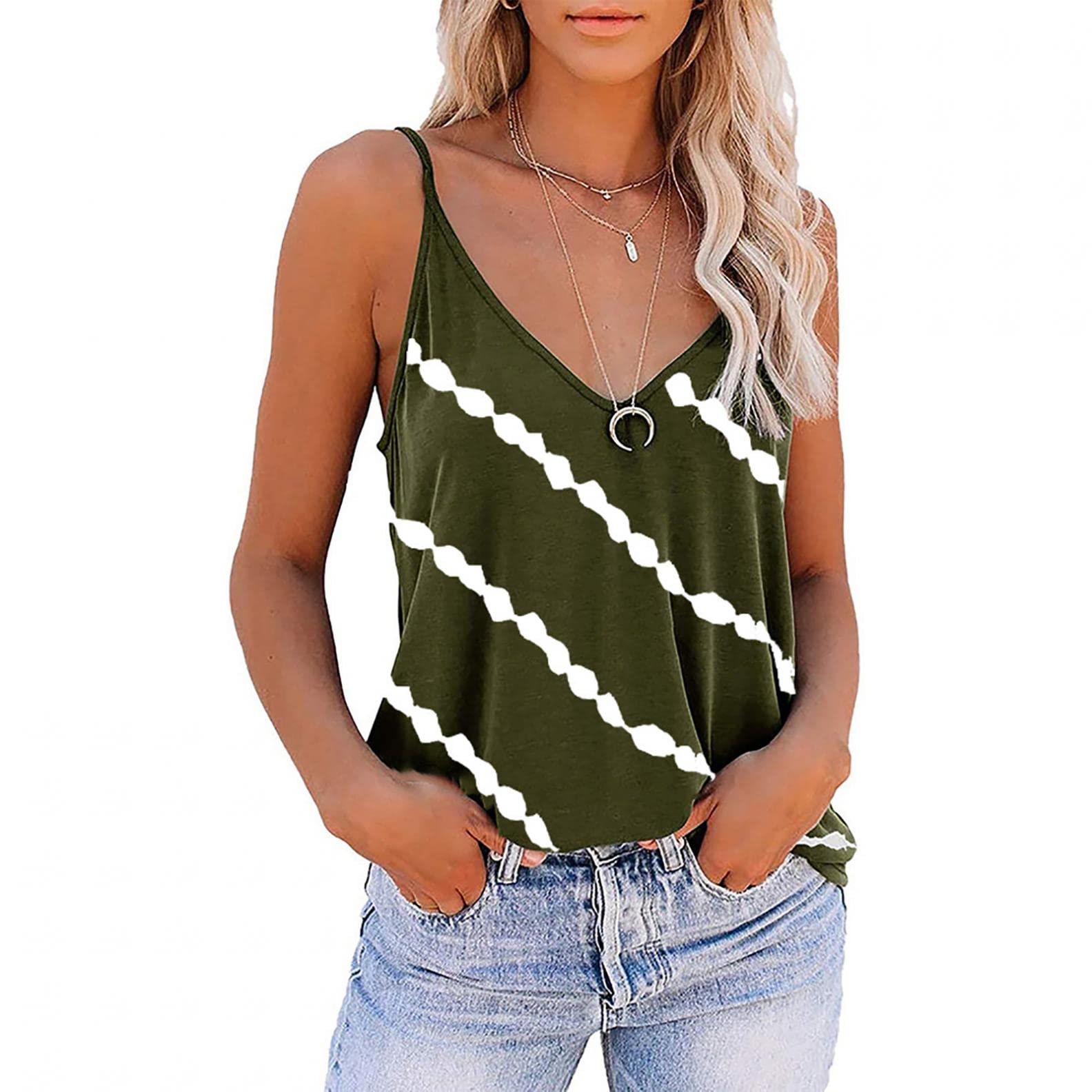 Trendy Women's V-Neck Sleeveless Tank Tops - Striped Side Split Loose Fit Cami Blouse for Casual Wear, Summer Outfits & Layering