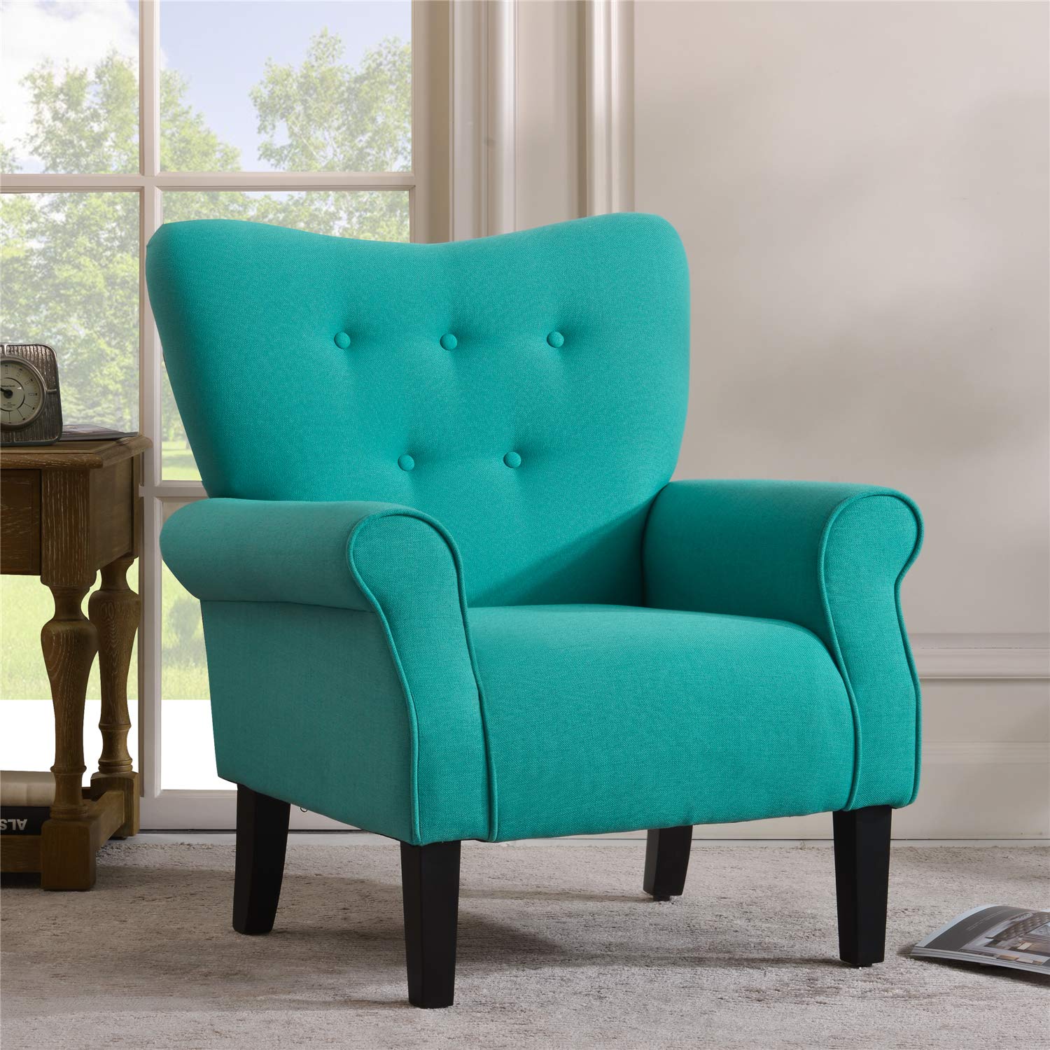 Henf Wing Back Accent Chair - Roll Arm Upholstered Linen Living Room Chair with Solid Wood Legs | Comfortable Fireside Chaise Lounge Armchair for Living Room, Bedroom & Office Waiting Area | Perfect for Reading Nook, Cozy Corner & Home Decor