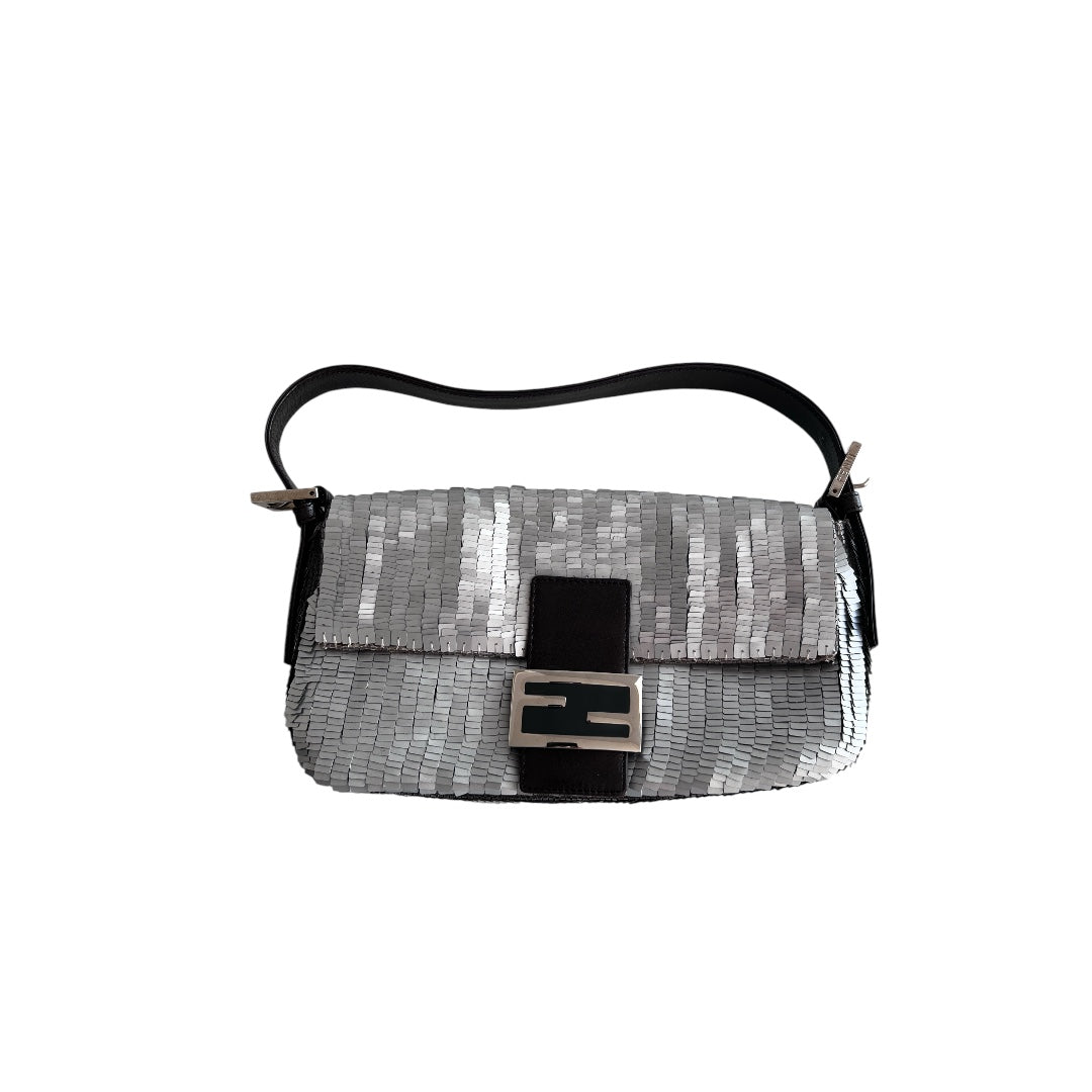 Vintage Fendi Silver Sequin Baguette Handbag - Luxury Designer Shoulder Bag for Women | Perfect for Evening Parties, Weddings & Special Occasions