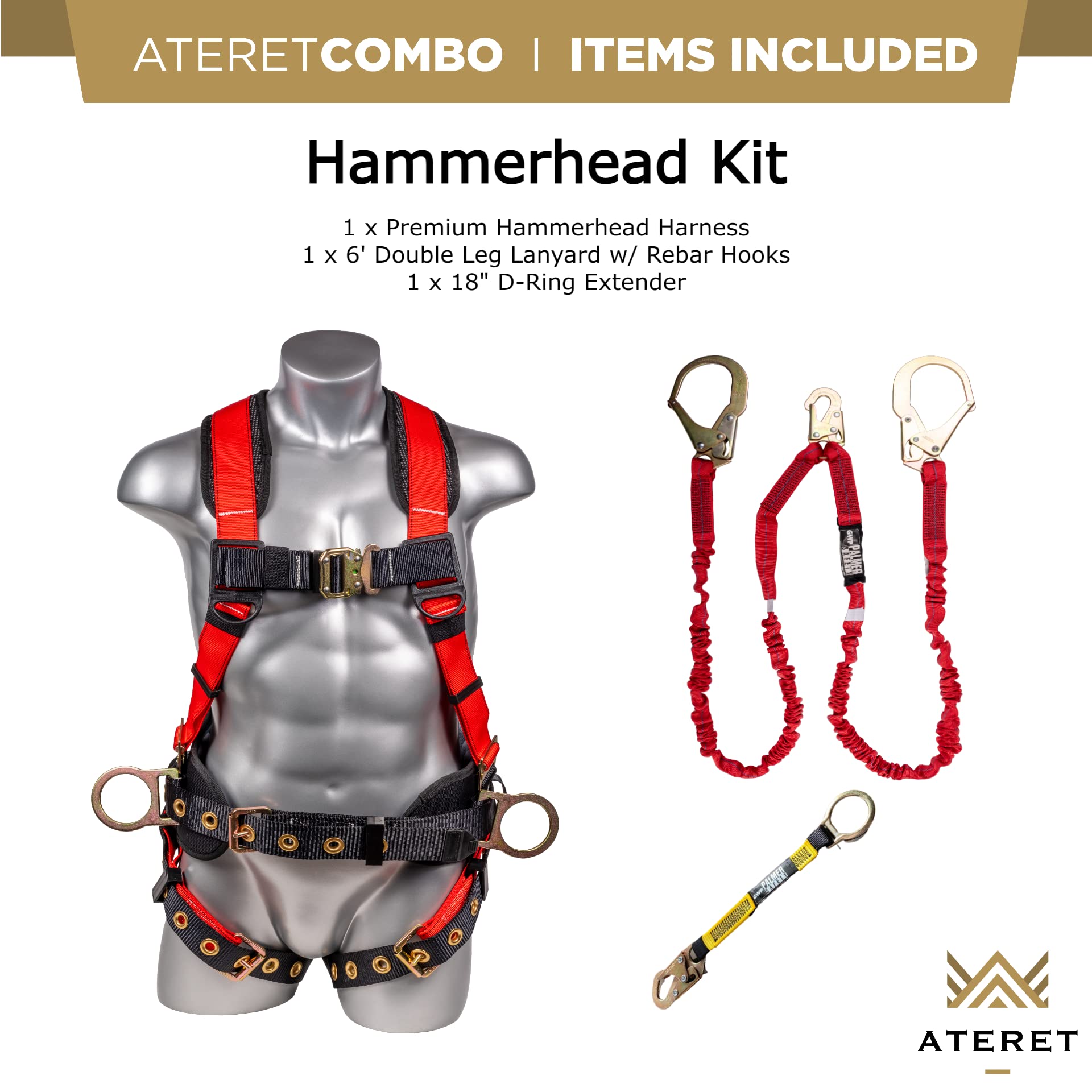 Palmer Safety Fall Protection Hammerhead Kit - 5 Point Safety Harness, 6ft Double Leg Lanyard, 18in D-Ring Extender (Red, Medium) | OSHA Compliant Construction & Roofing Safety Gear