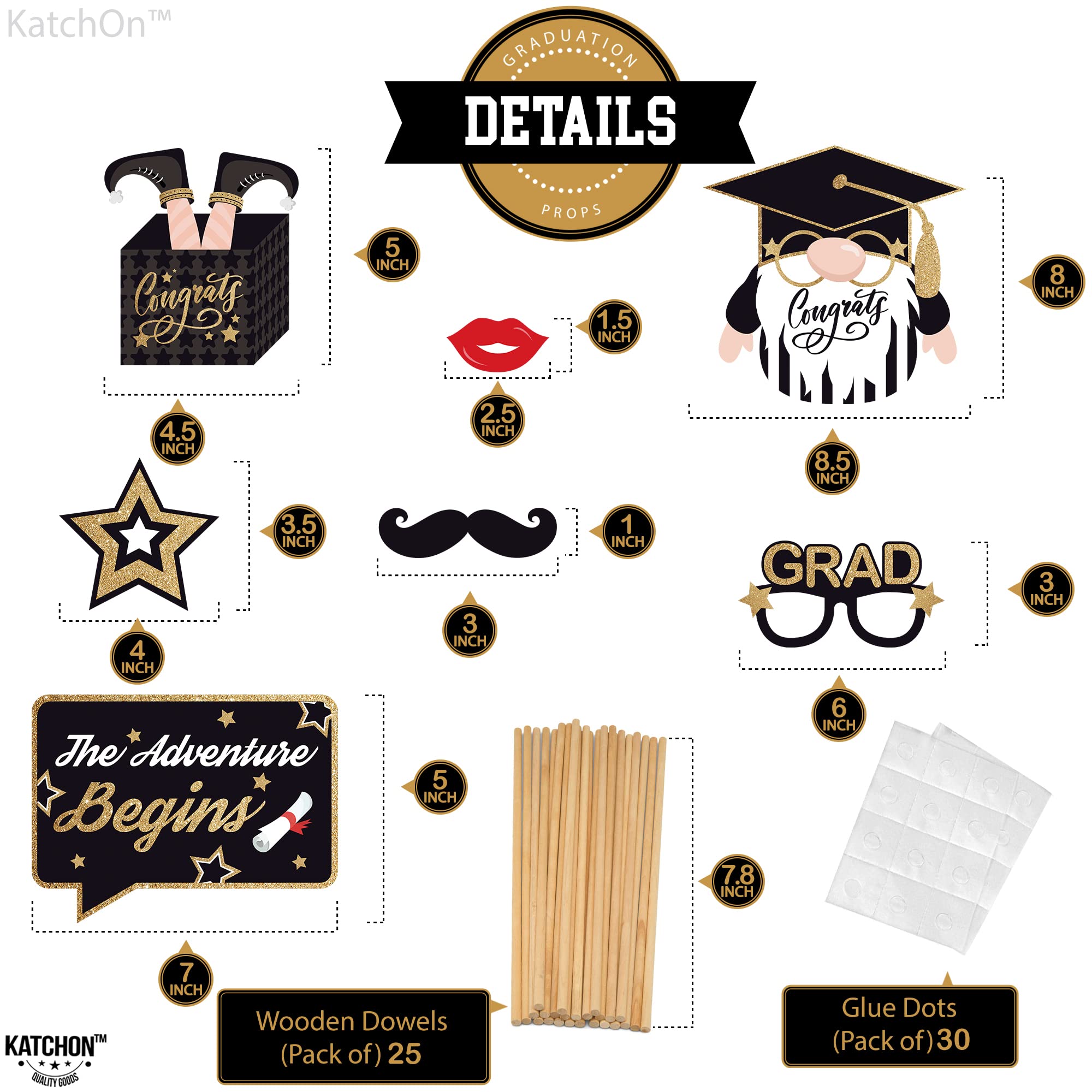 KatchOn Graduation Photo Booth Props 2024 - 25 Pack Black & Gold Class of 2025 Decorations | Perfect for Graduation Parties, Photo Shoots & Commencement Celebrations