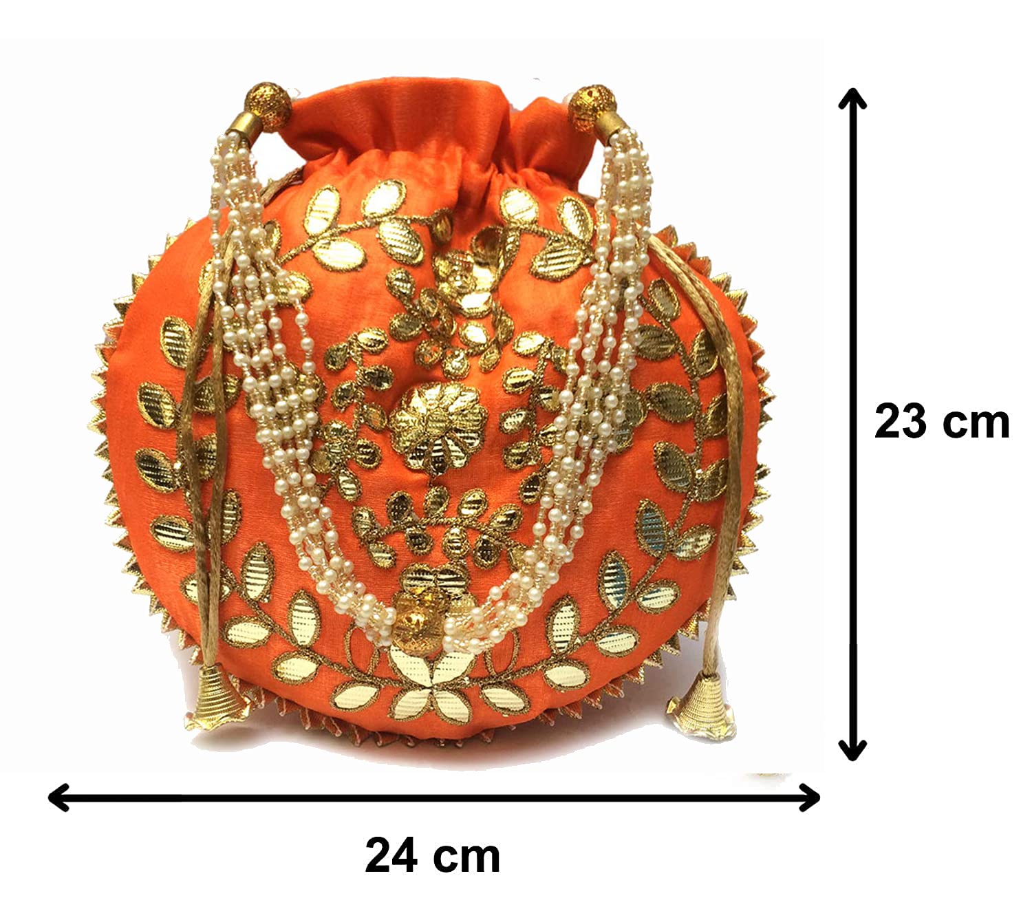Elegant Orange Potli Bag for Women - 23x24 Inch Jewelry Coin Pouch with Pearl Handle, Perfect for Weddings, Parties & Gotta Patti Work | Batwa Clutch Purse for Bridal Accessories, Indian Festivals & Gift Giving