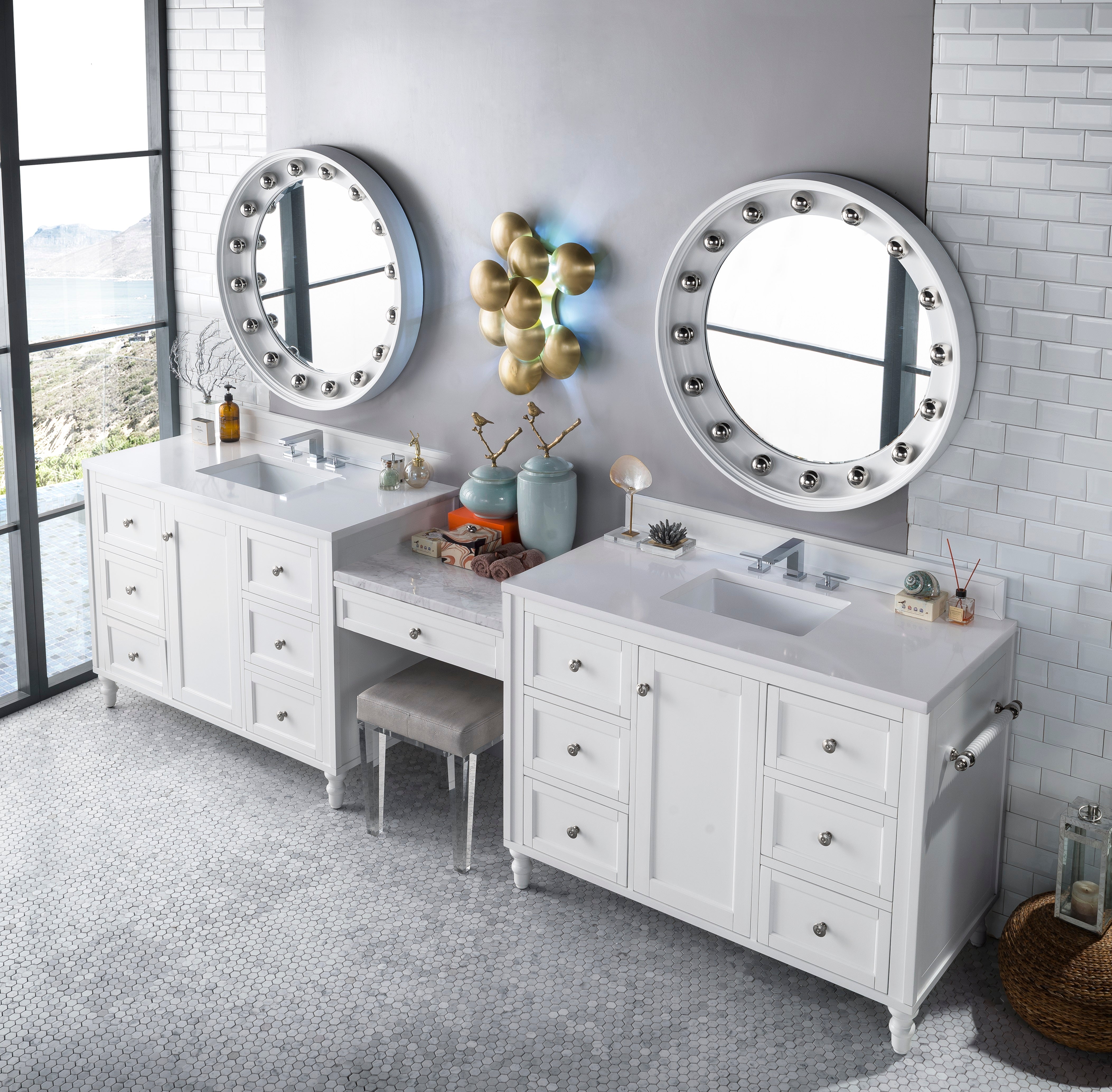 Copper Cove Encore 122 Double Vanity Set with Makeup Table - Bright White Finish & 3CM Classic White Quartz Top | Bathroom Vanity for Master Bath, Guest Bath & Powder Room Makeovers