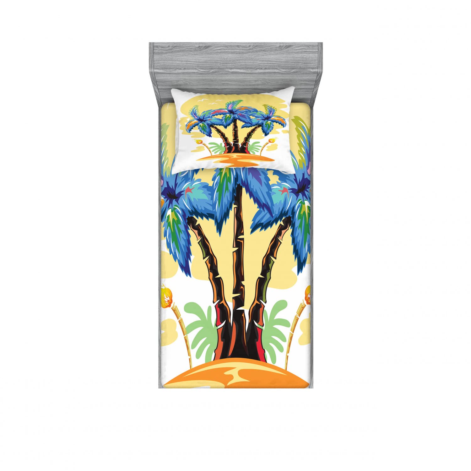 Ambesonne 2-Piece Tropical Island Sunset Bedding Set - Twin Size Fitted Sheets & Pillow Shams (Blue & Orange) - Cartoon Beach Decor for Kids & Teens Bedrooms, Dorm Rooms, Vacation Homes & Guest Rooms