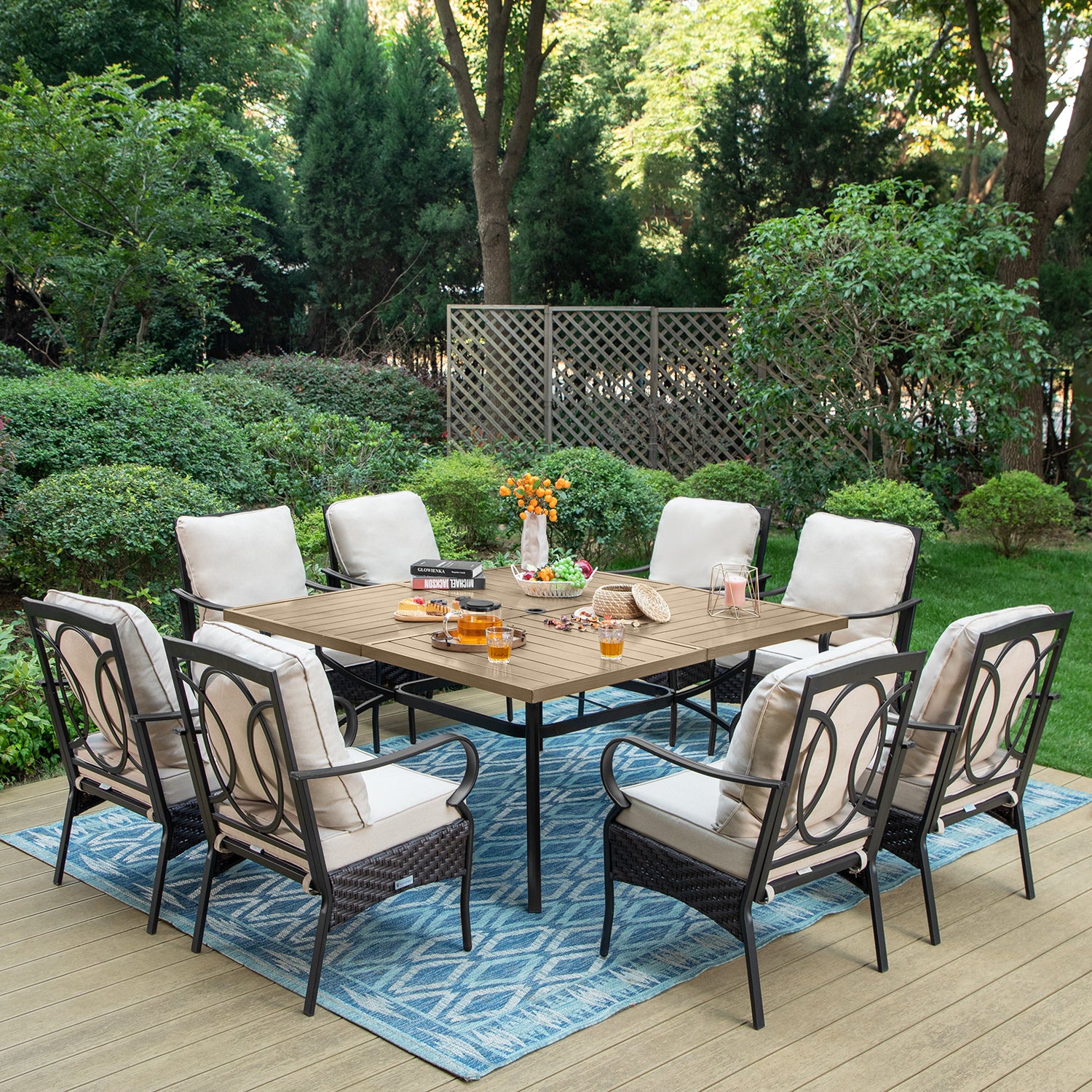 PHIVILLA 9-Piece Outdoor Dining Set - Large Wood Grain Square Table & Rattan Steel Cushioned Chairs for Patio, Garden, Backyard | Weather-Resistant Furniture for BBQ, Parties, Family Gatherings