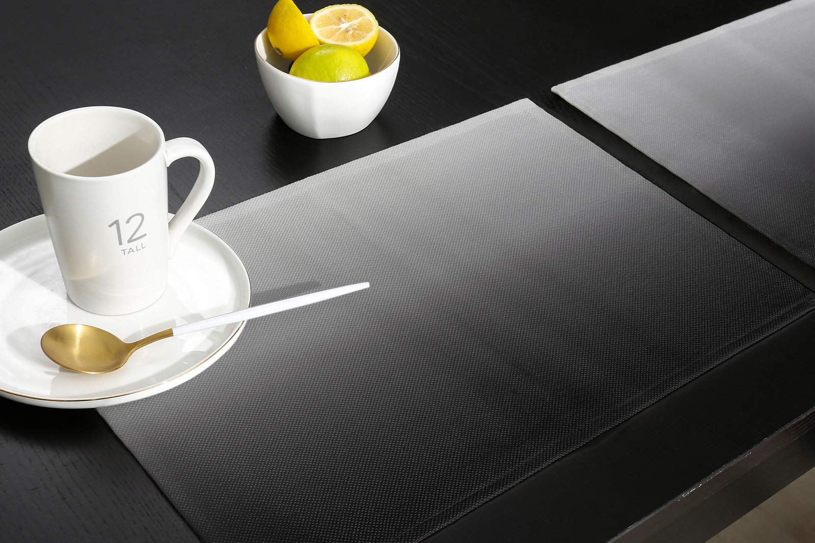 Premium Round Non-Slip Heat Resistant Placemats Set of 6 - Washable Ombre Black & Gray Table Mats for Dining Room, Kitchen & Office - Perfect for Family Meals, Dinner Parties & Daily Use