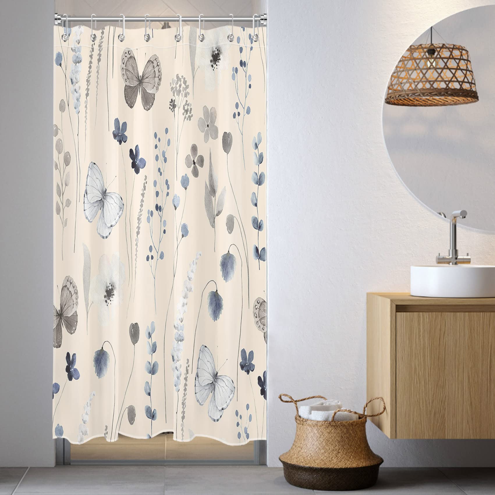 Vintage Butterfly Shower Curtain - Watercolor Wildflower & Eucalyptus Leaf Design on Beige Fabric Bathroom Curtain with Hooks, Country Herb Plant Theme, 48x72 Inches - Perfect for Farmhouse, Boho & Cottage Style Bathrooms