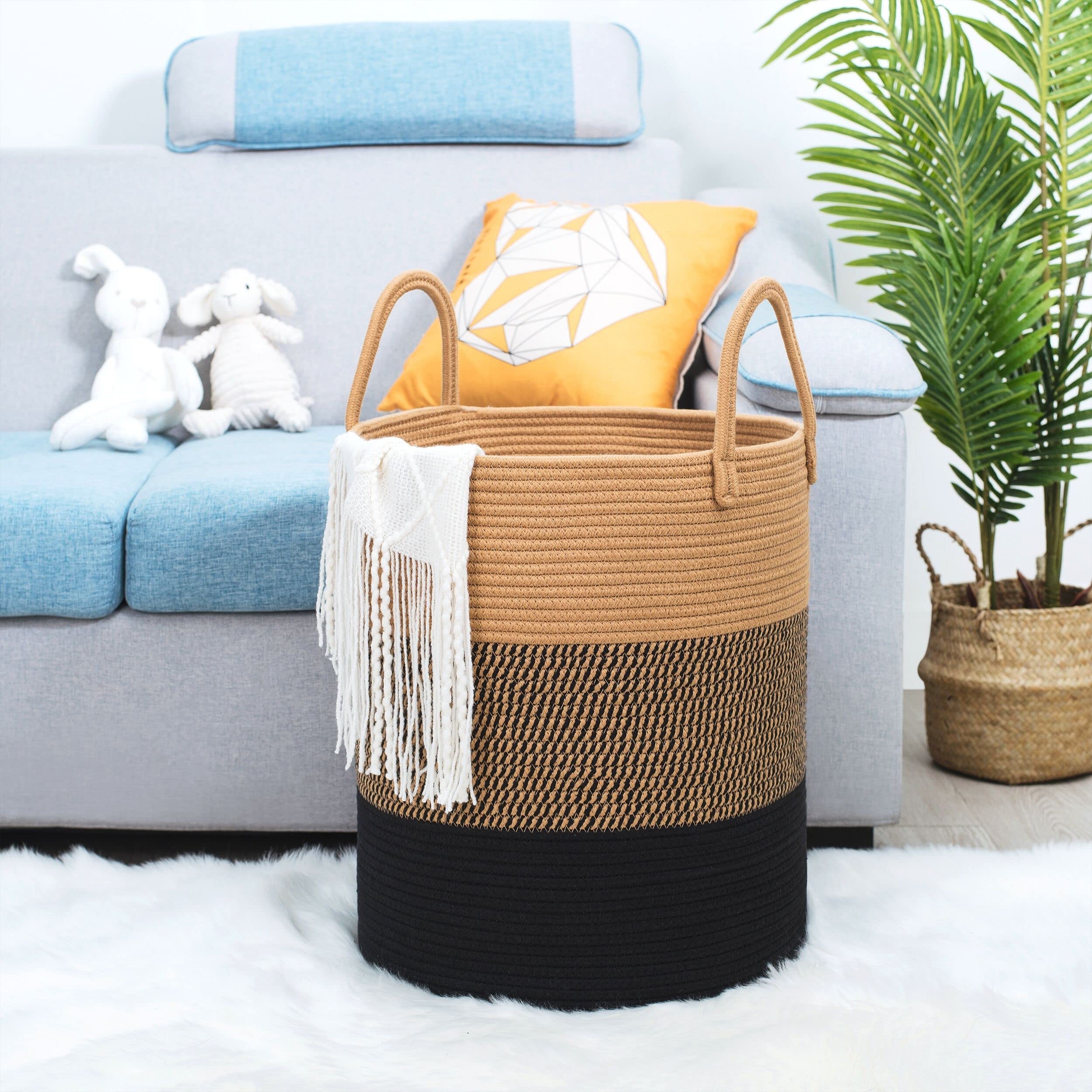 MINTWOOD Large Woven Cotton Rope Storage Basket - 18x16 Inch Decorative Hamper for Laundry, Blankets, Toys & Pillows | Tall Jute Basket for Living Room, Bedroom & Nursery Organization | Eco-Friendly Home Decor Storage Solution