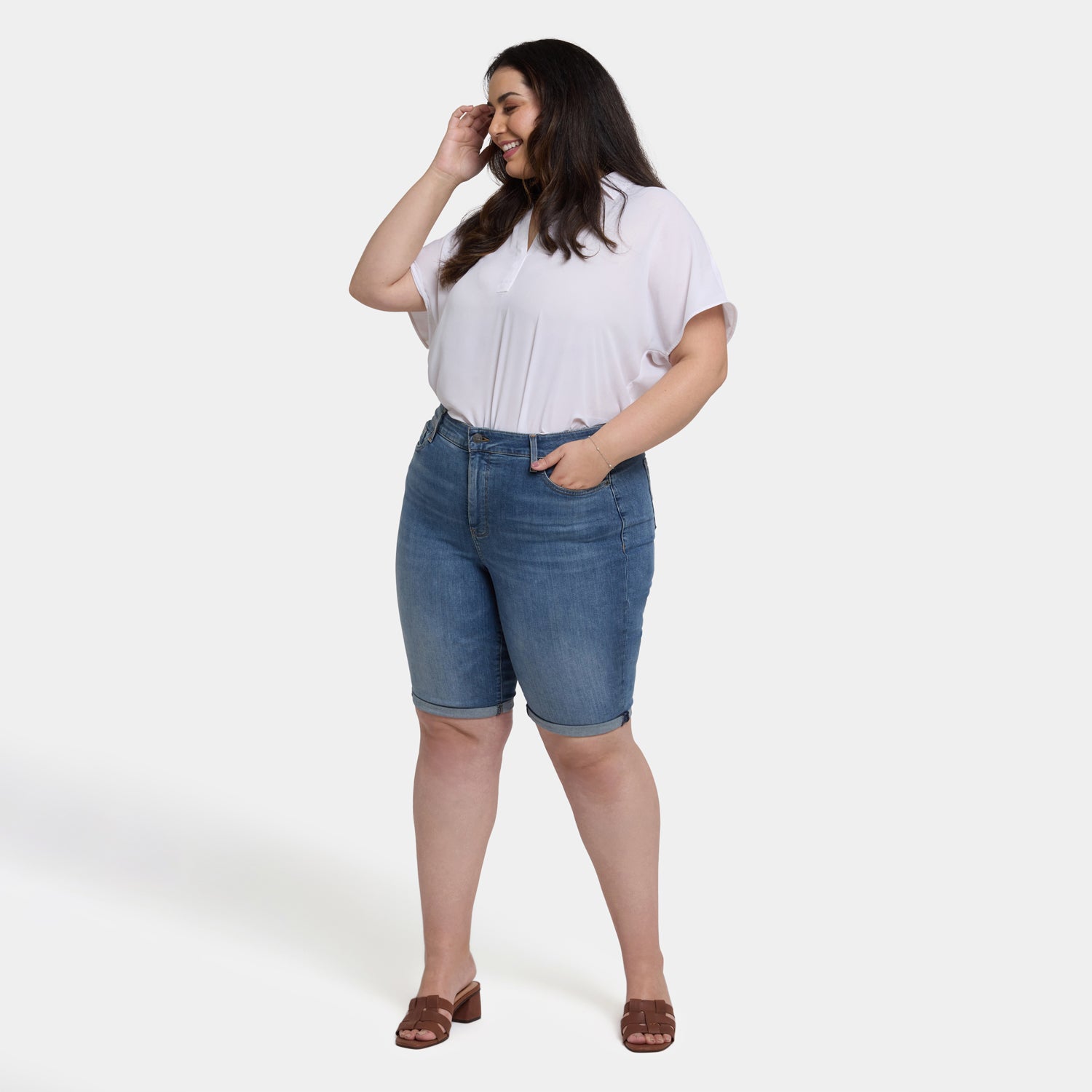 Briella 11 Inch Plus Size Denim Shorts for Women - Comfortable Stretch High Waist Jeans Shorts | Perfect for Summer, Beach, and Casual Outings