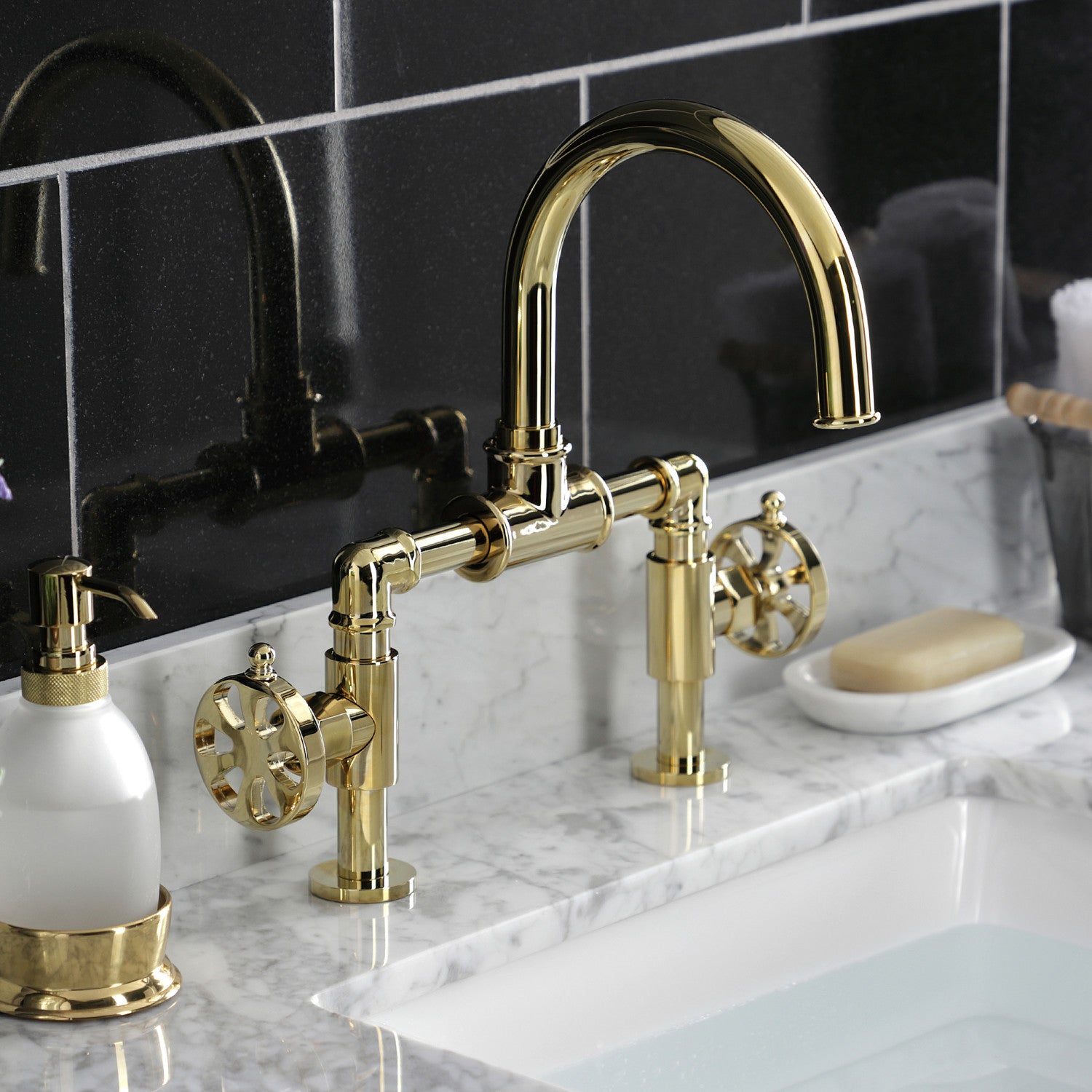 Belknap KS2172RX Two Handle Deck Mount Bathroom Faucet with Push Pop-Up Drain - Polished Brass Finish for Vanity Sink, Powder Room & Guest Bath