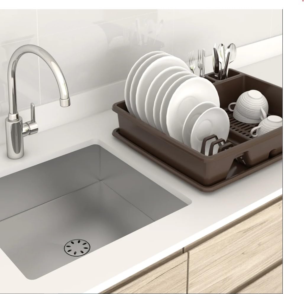 Plastic Dish Drainer Rack & Sink Tray - 45 x 29.7 x 8cm Taupe Kitchen Organizer for Plates, Cutlery & Utensils | Space-Saving Drying Solution for Small Kitchens, RVs & Dorm Rooms