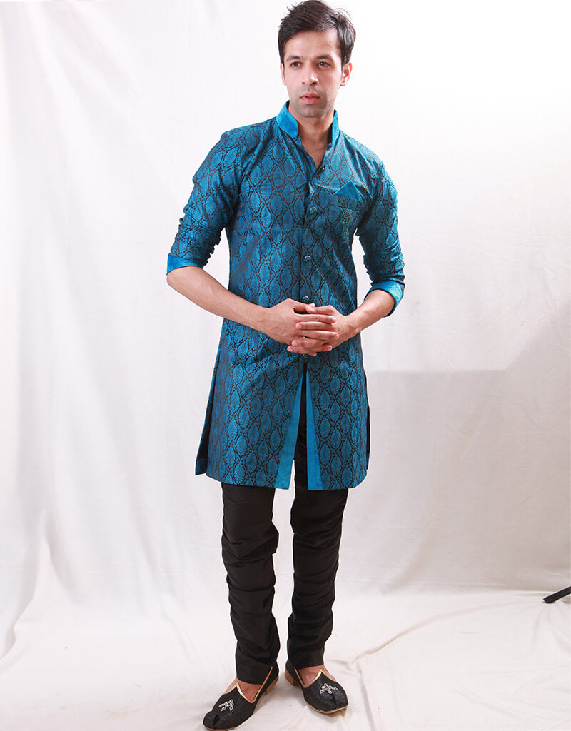 Blue Indo Western Kela Brocade Churidar Suit - Elegant Ethnic Outfit for Women | Perfect for Weddings, Festivals & Special Occasions