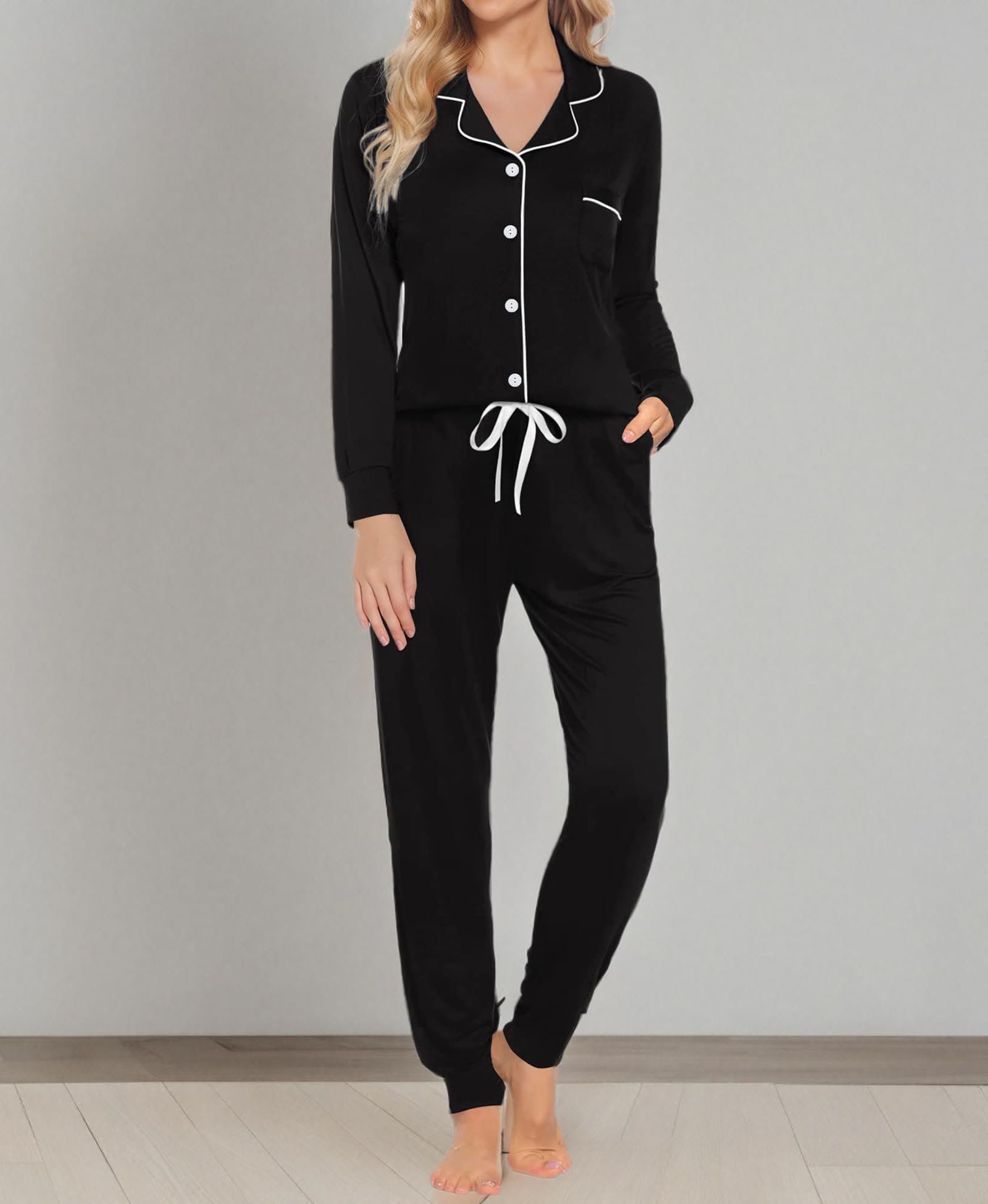 SWOMOG Women's Long Sleeve Pajama Set - Soft Button Down Sleepwear with Pockets, Comfy Jogger Pants & Lounge Outfit for Nighttime Relaxation, Home Wear & Gift Giving