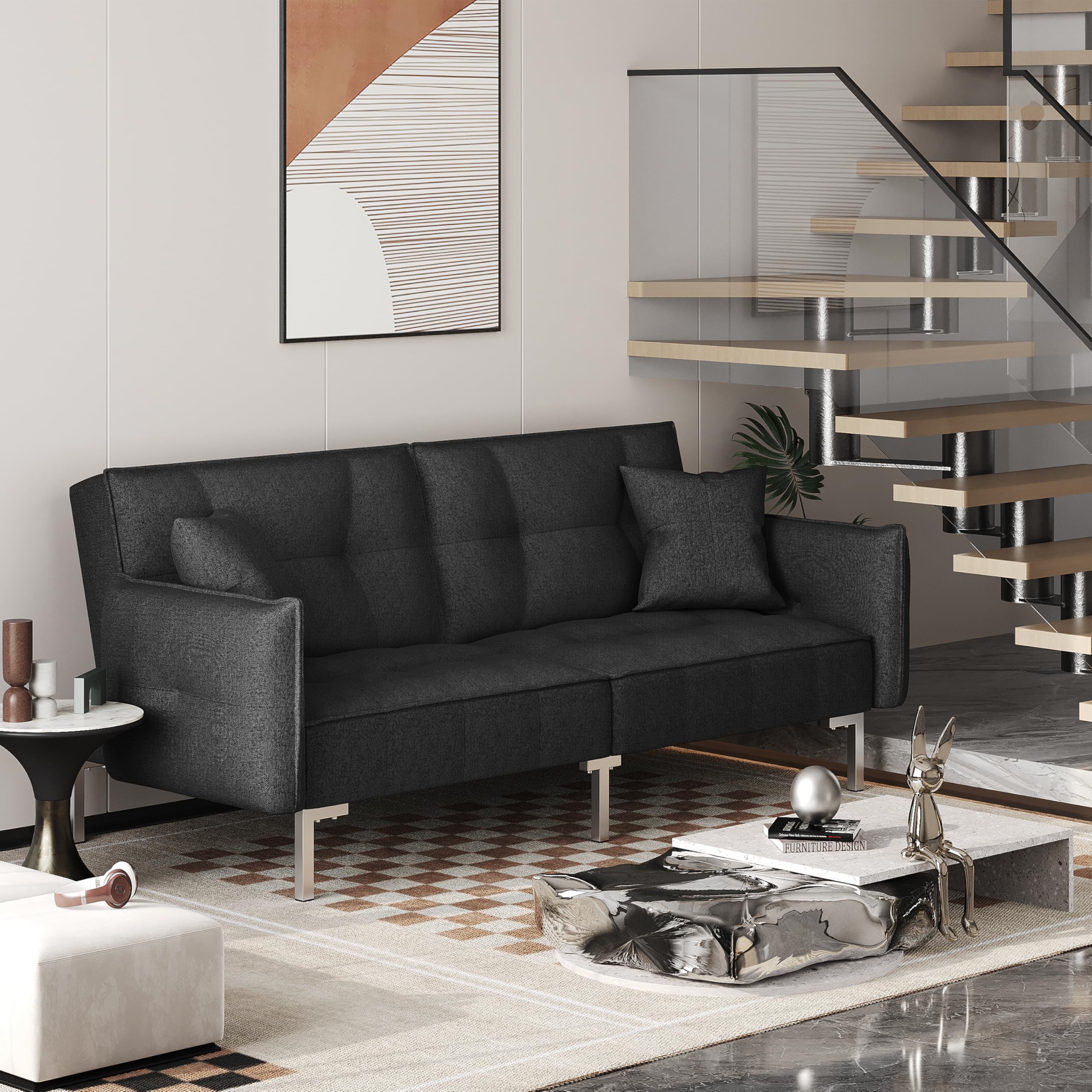 Yaheetech Convertible Futon Sofa Bed with Armrest - Linen Fabric Recliner Couch for Living Room, Guest Room & Small Spaces - Black Modern Sleeper Sofa for Apartments, Dorms & Home Office