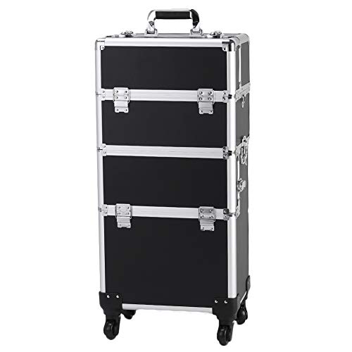 Professional 3-in-1 Aluminum Rolling Makeup Train Case with 4 Removable Wheels - Cosmetic Organizer Trolley for Artists & Beauty Professionals (Black) | Perfect for Salon, Travel & Mobile Makeup Services