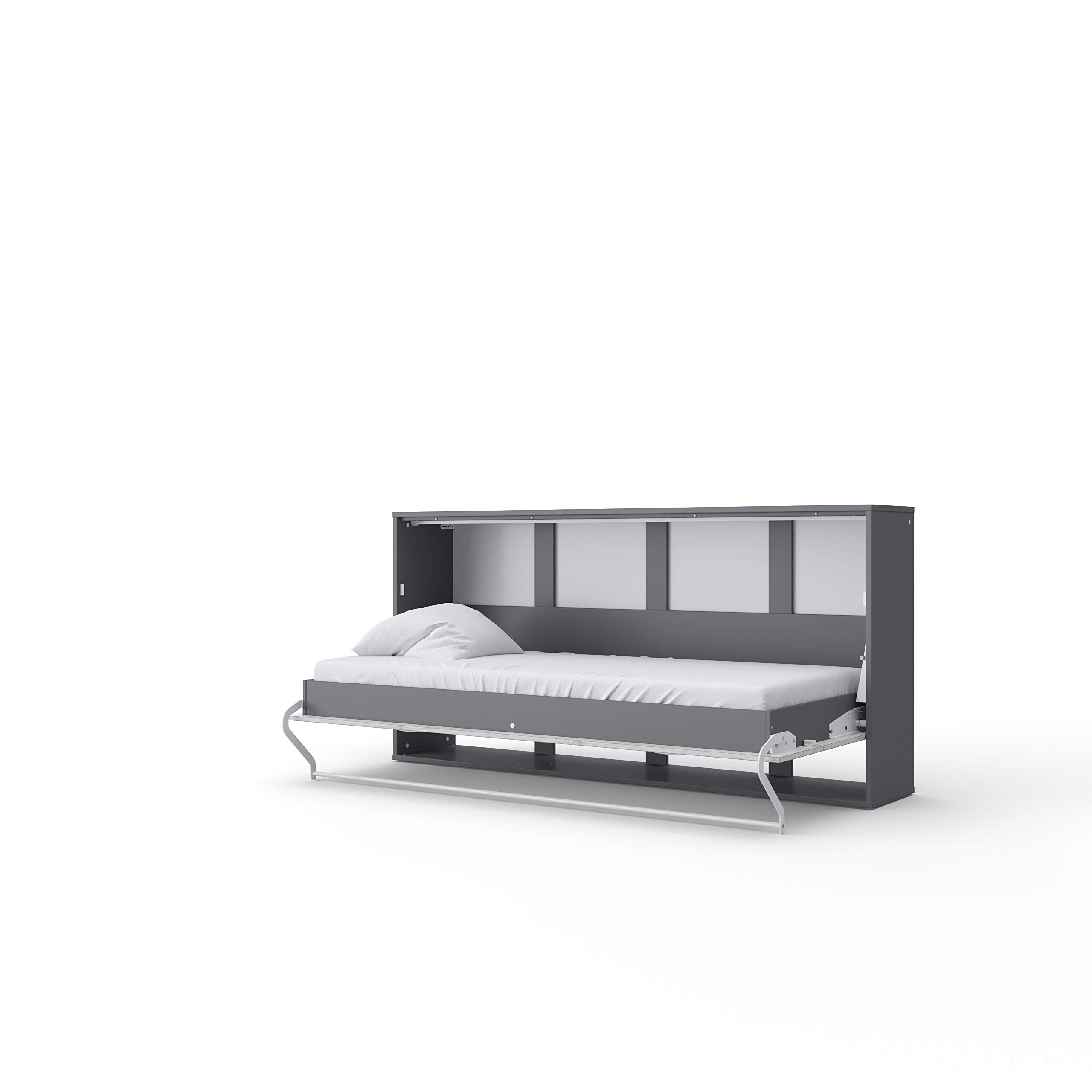 Horizontal Wall Bed with Twin Size Mattress & Top Cabinet - Grey/White Monaco Style | Space-Saving Murphy Bed for Small Apartments, Guest Rooms & Home Offices
