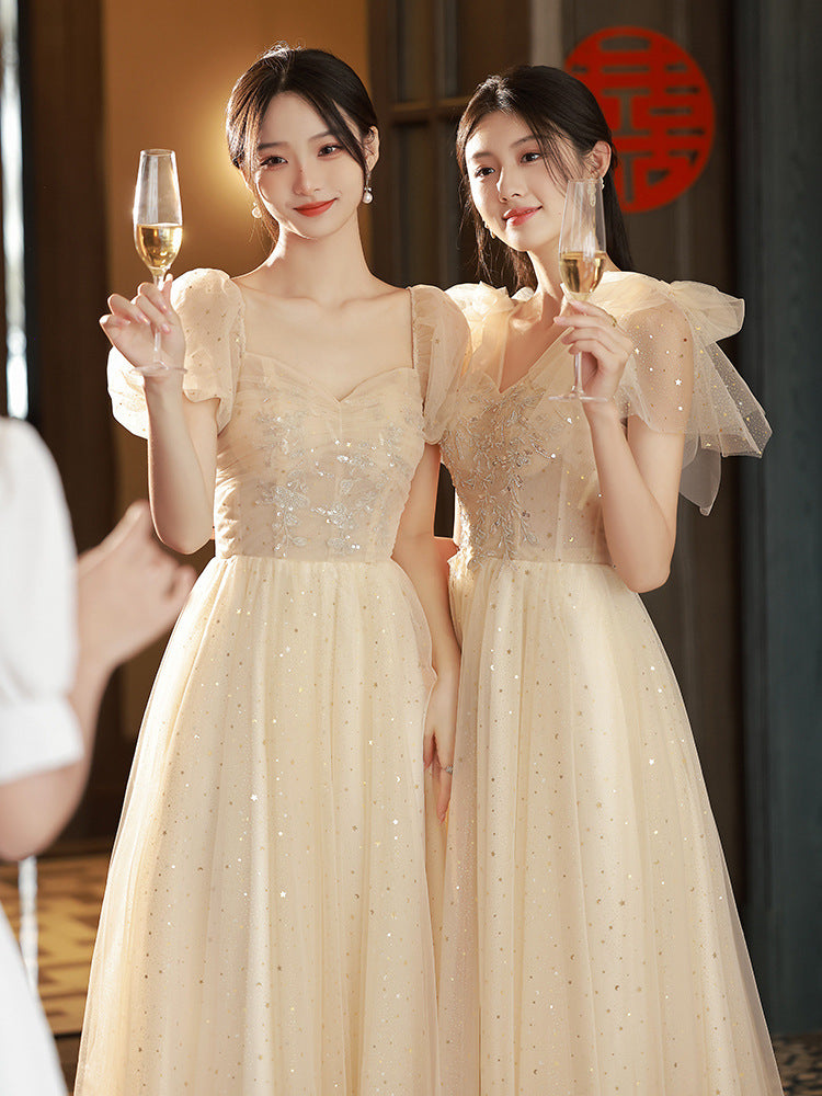 Elegant Champagne A-Line Long Prom Dress - Shiny Formal Party Gown & Bridesmaid Dress for Weddings, Homecoming, Quinceañera & Special Occasions