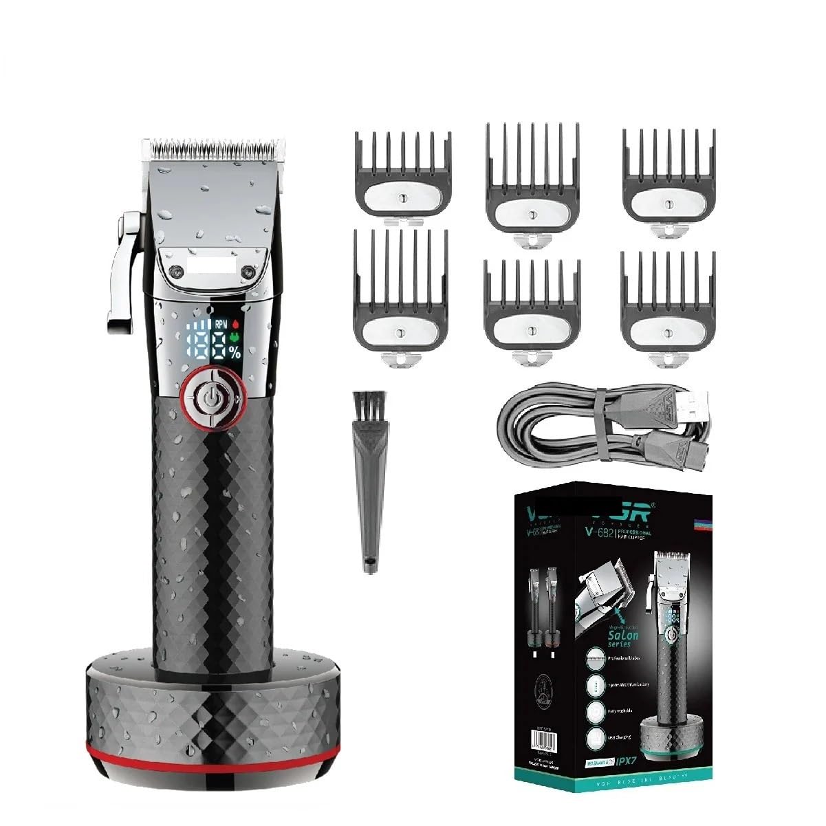Professional Rechargeable Hair Trimmer V-G-R V-682 - Electric Hair Clipper for Men, Portable Barber Grooming Kit with Precision Blades (Red with Box) - Perfect for Home Haircuts, Beard Trimming & Travel Grooming