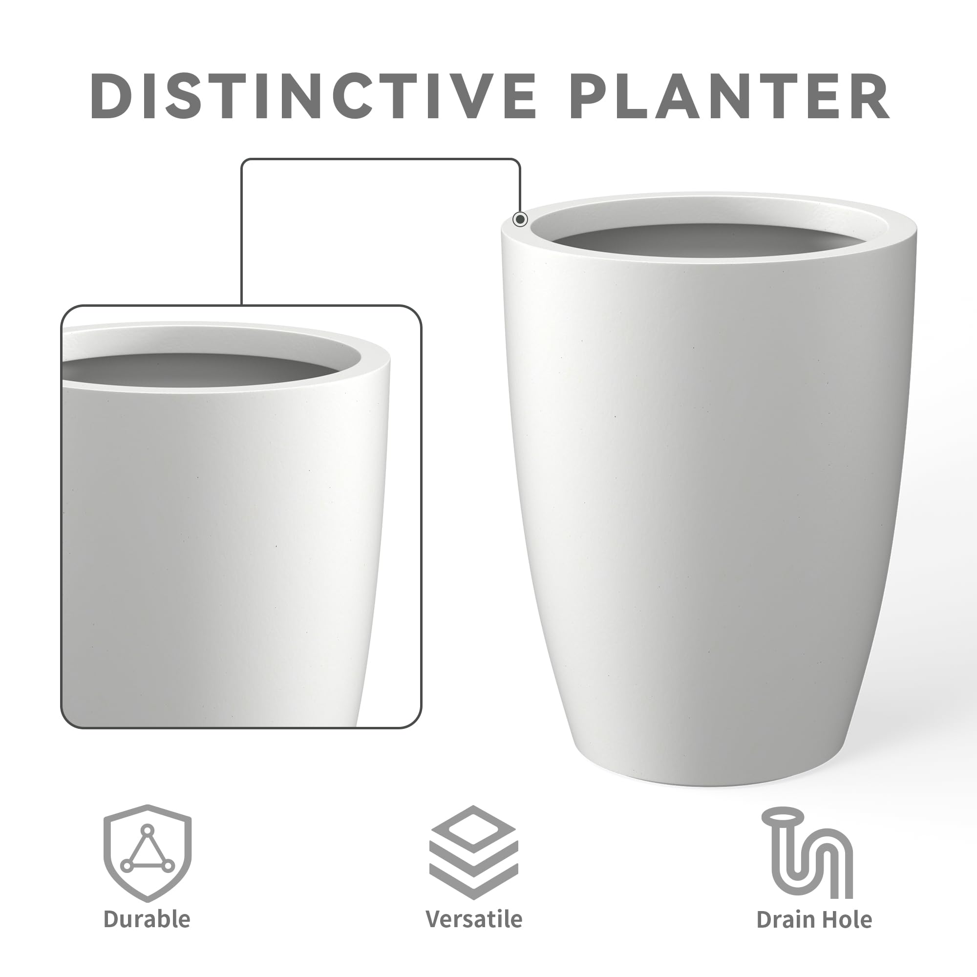 18.1 Inch Tall Modern Round Concrete Planter - Indoor Outdoor Decorative Flower Pot with Drainage Hole & Rubber Plug - Pure White Home Garden Decor for Patio, Balcony & Living Room