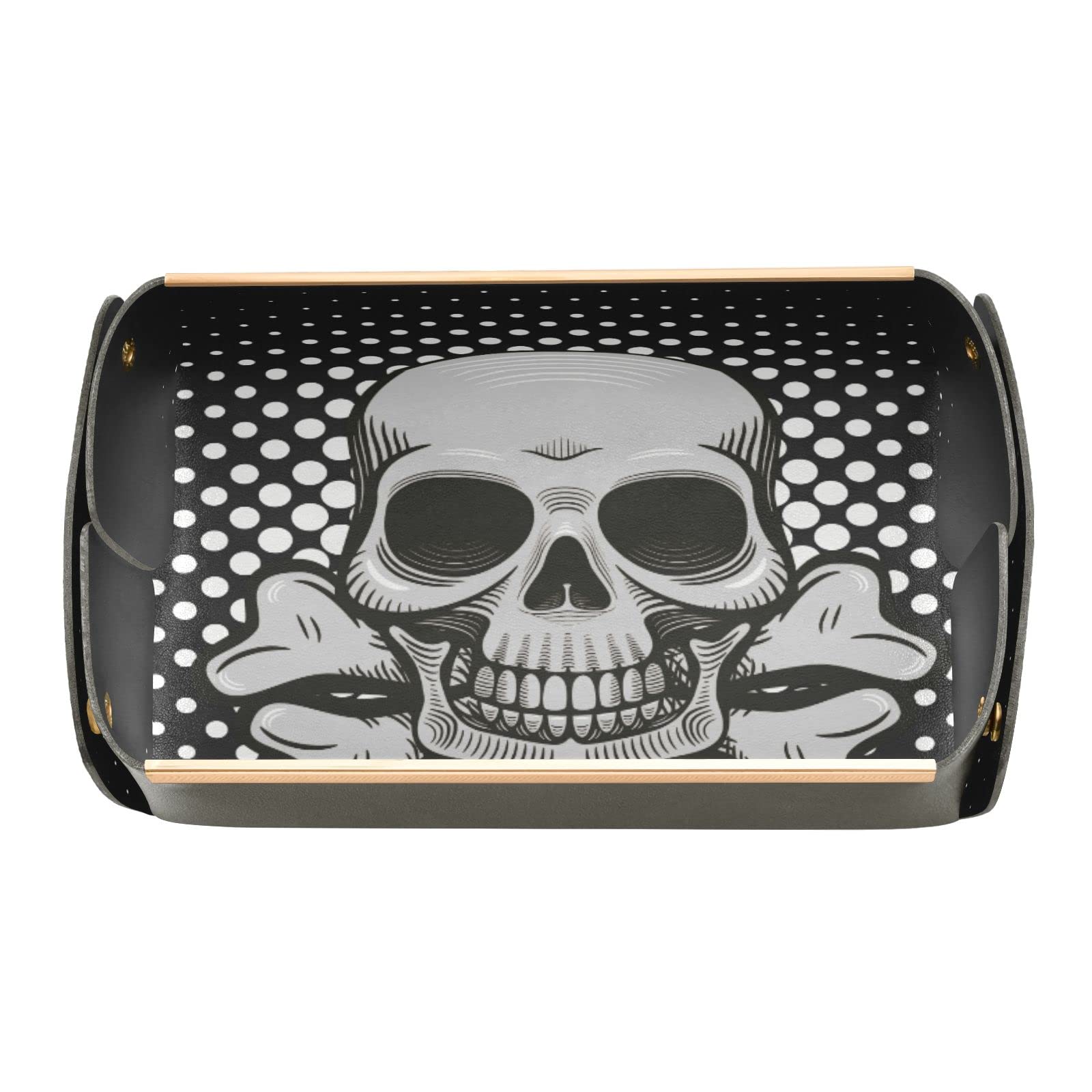 Black and White Smiling Skull PU Leather Valet Tray - Jewelry Key Organizer for Men & Women - Desk Storage Plate for Keys, Coins, Phone, Wallet - Perfect Birthday Gift & Home Office Decor Accessory
