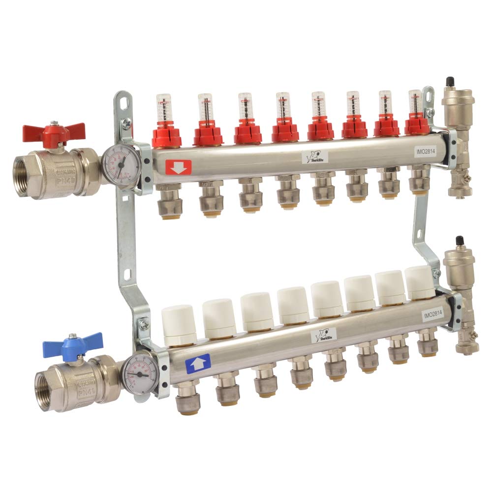 SharkBite 8 Loop Radiant Heating Manifold - Push to Connect Brass Plumbing Fitting for PEX Pipe & PE-RT (Model 24935) - Perfect for Hydronic Heating Systems & Underfloor Heating Installations