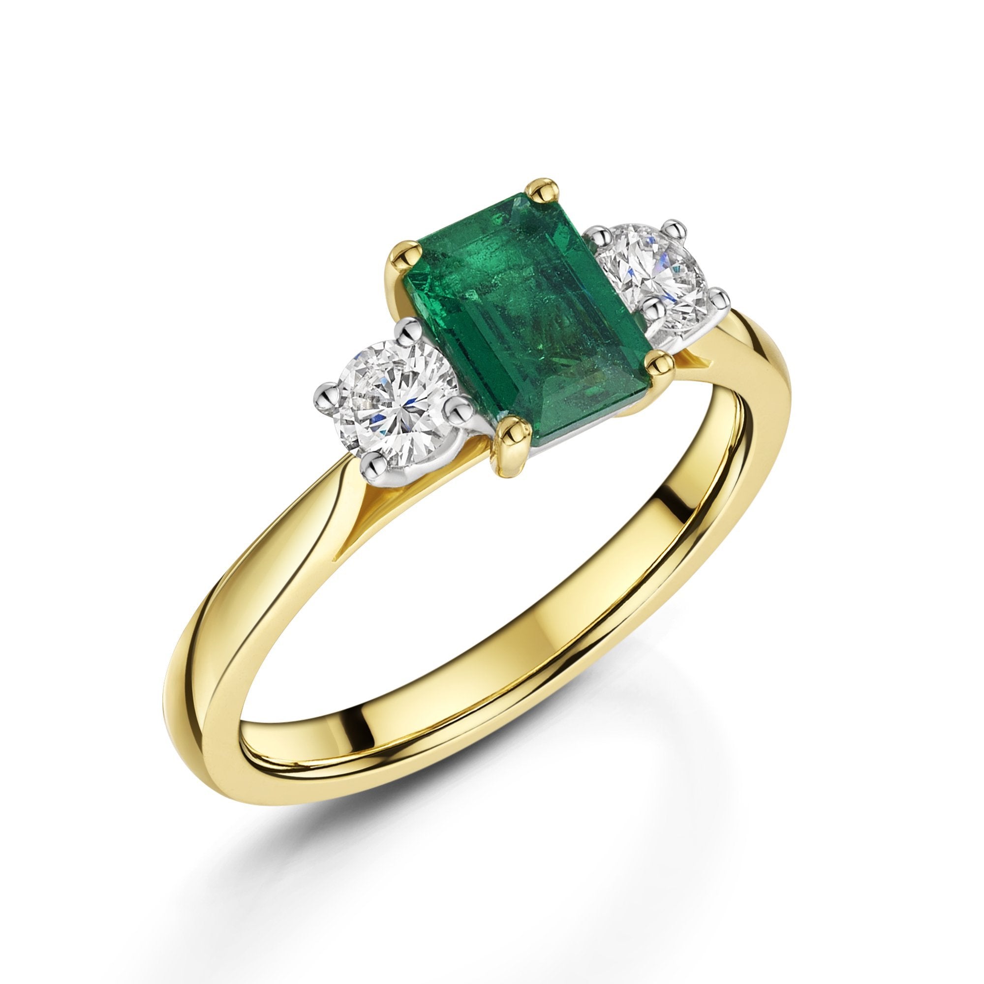18ct Yellow & White Gold Emerald Cut Emerald & Diamond Three Stone Ring 1.10ct - Elegant Engagement, Wedding & Anniversary Jewelry Gift for Women