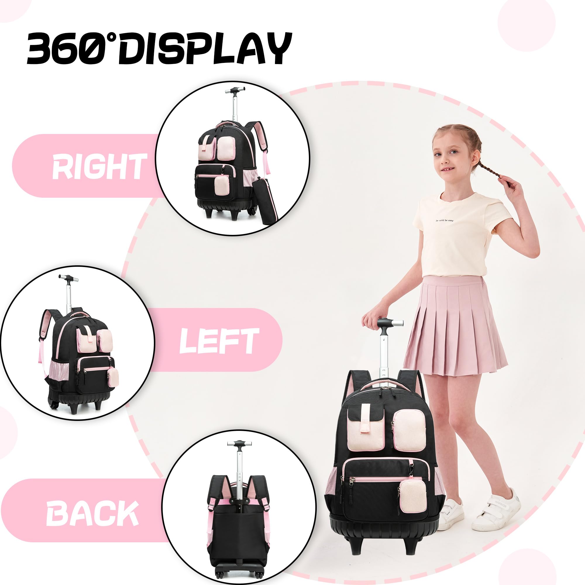Rolling Backpack for Girls 8-12 - Wheeled School Backpack with Lunch Box Set - Durable Black Roller Backpack for Teens - Perfect for School, Travel & Daily Commute