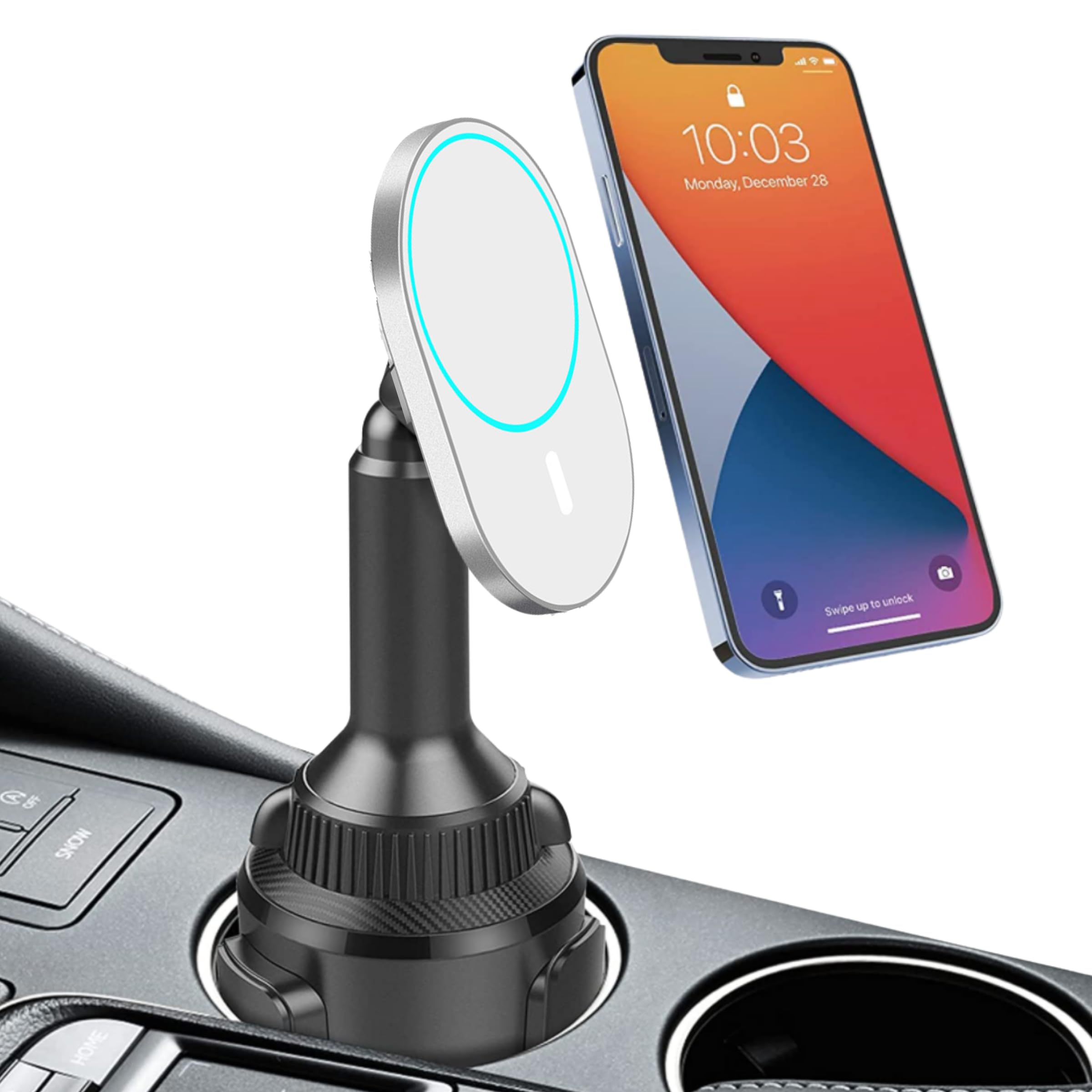 MagSafe Car Cup Holder Mount - 15W Fast Charging for iPhone 12/13/14/15 | Adjustable Extendable Arm with 360° Rotation | Compatible with MagSafe Cases | Perfect for Drivers & Passengers - Use While Commuting, Road Trips & Daily Driving