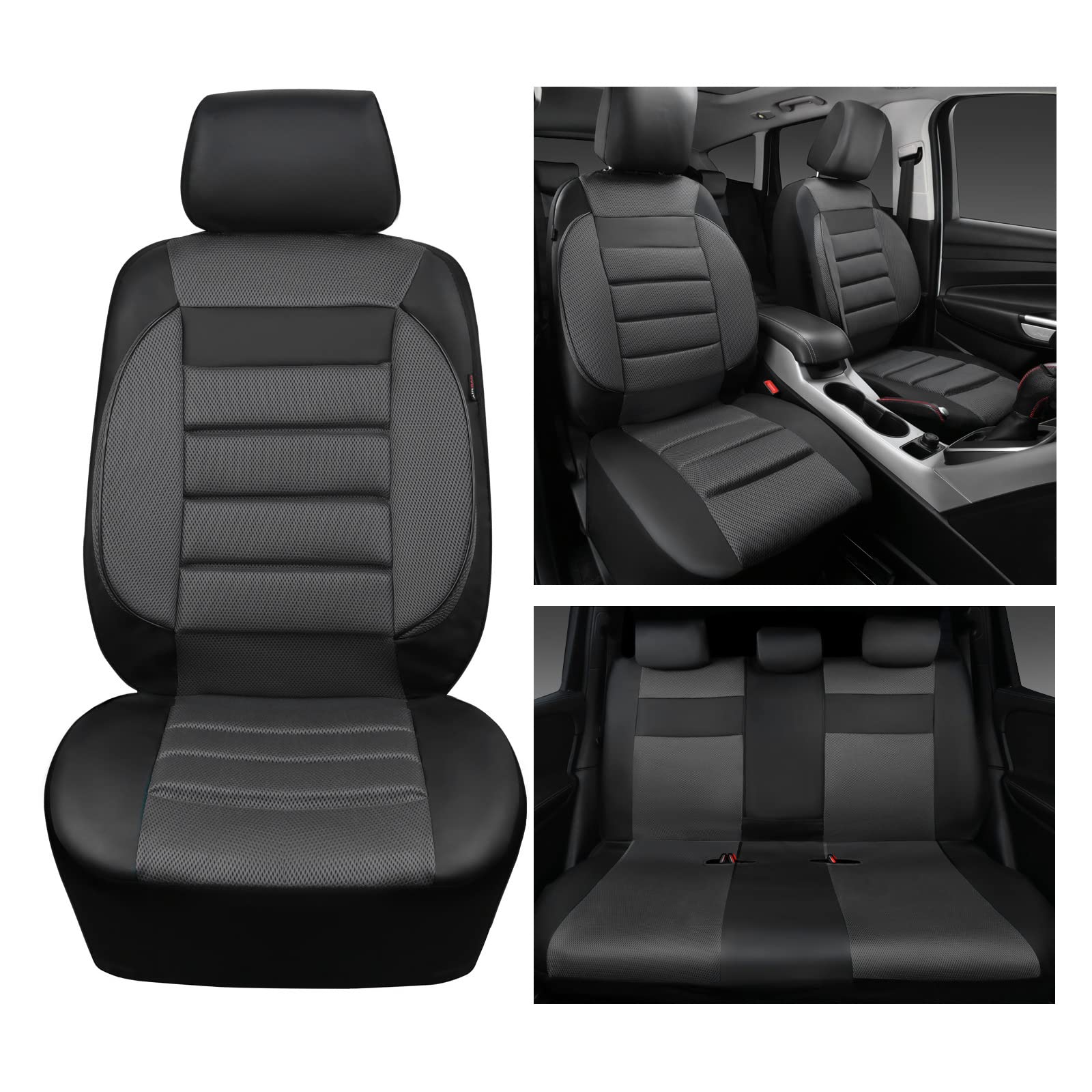 Premium 3D Foam Back Support Leather Car Seat Covers Full Set - Breathable Air Mesh Design for All Seasons | Universal Fit for Sedan, SUV, Van | Airbag Compatible & Ergonomic Support (Black Charcoal Gray) | Perfect for Long Drives, Commuting & Road Trips